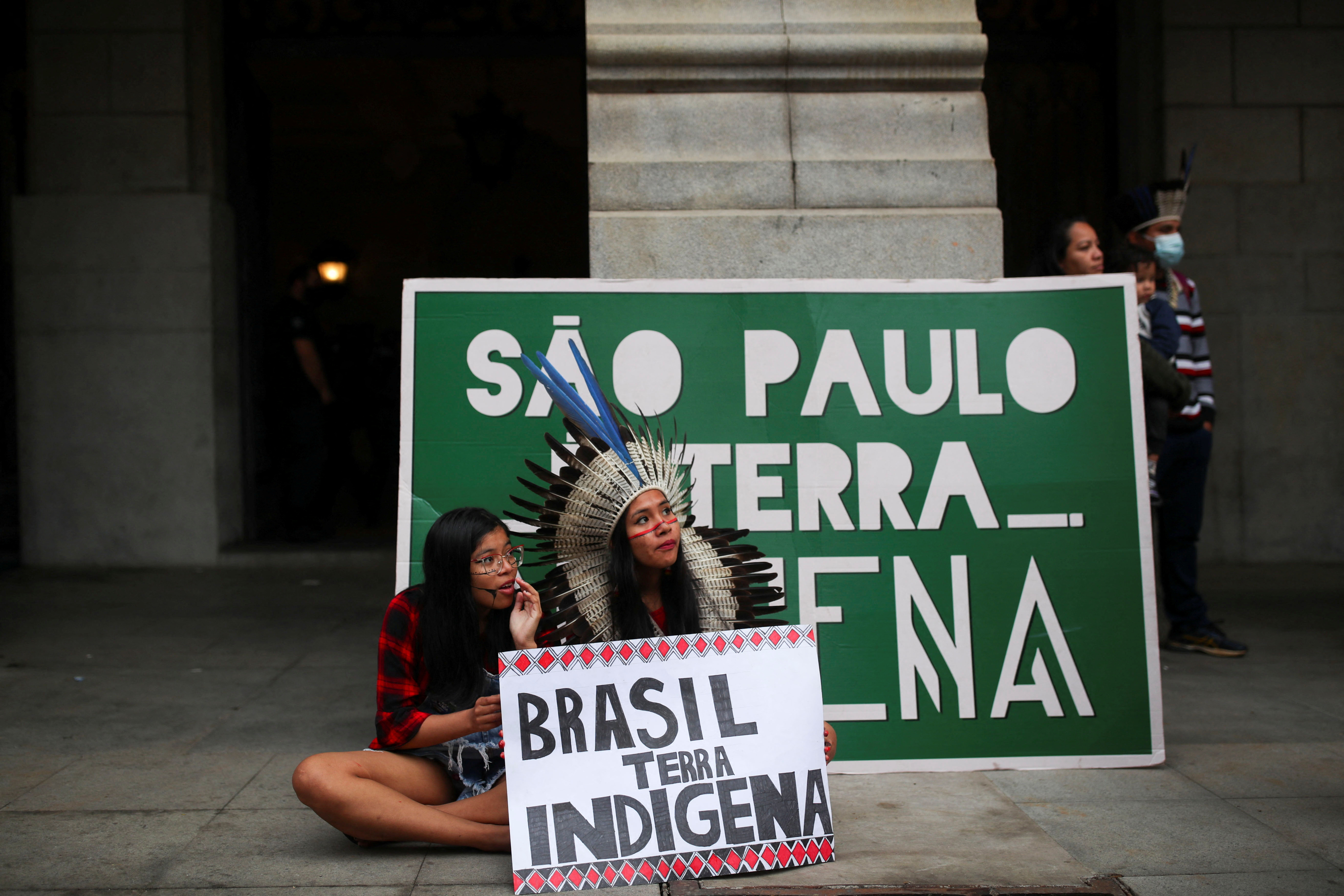 Indigenous people protest during the International Indigenous People Day, in Sao Paulo