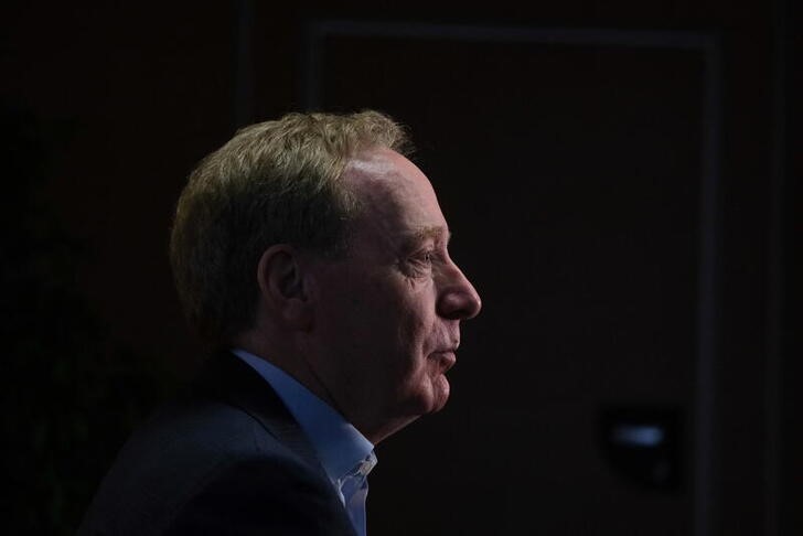 President of Microsoft Brad Smith reacts during an interview with Reuters at the Web Summit, in Lisbon