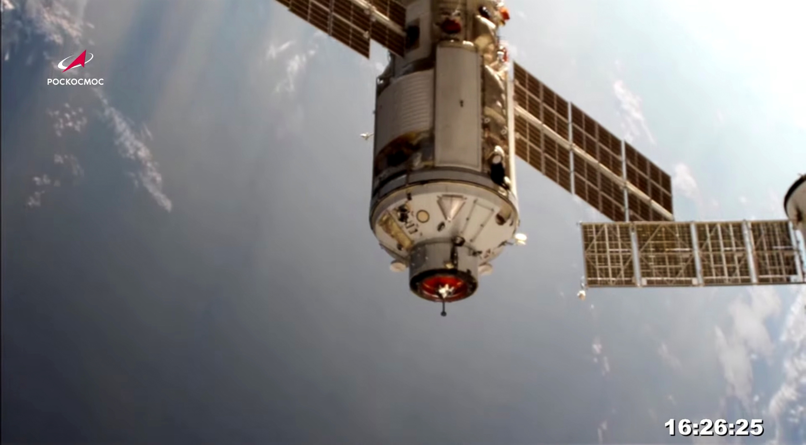 The Nauka (Science) Multipurpose Laboratory Module is seen during its docking to the International Space Station (ISS) on July 29, 2021 in this still image taken from video.  Roscosmos/Handout via REUTERS