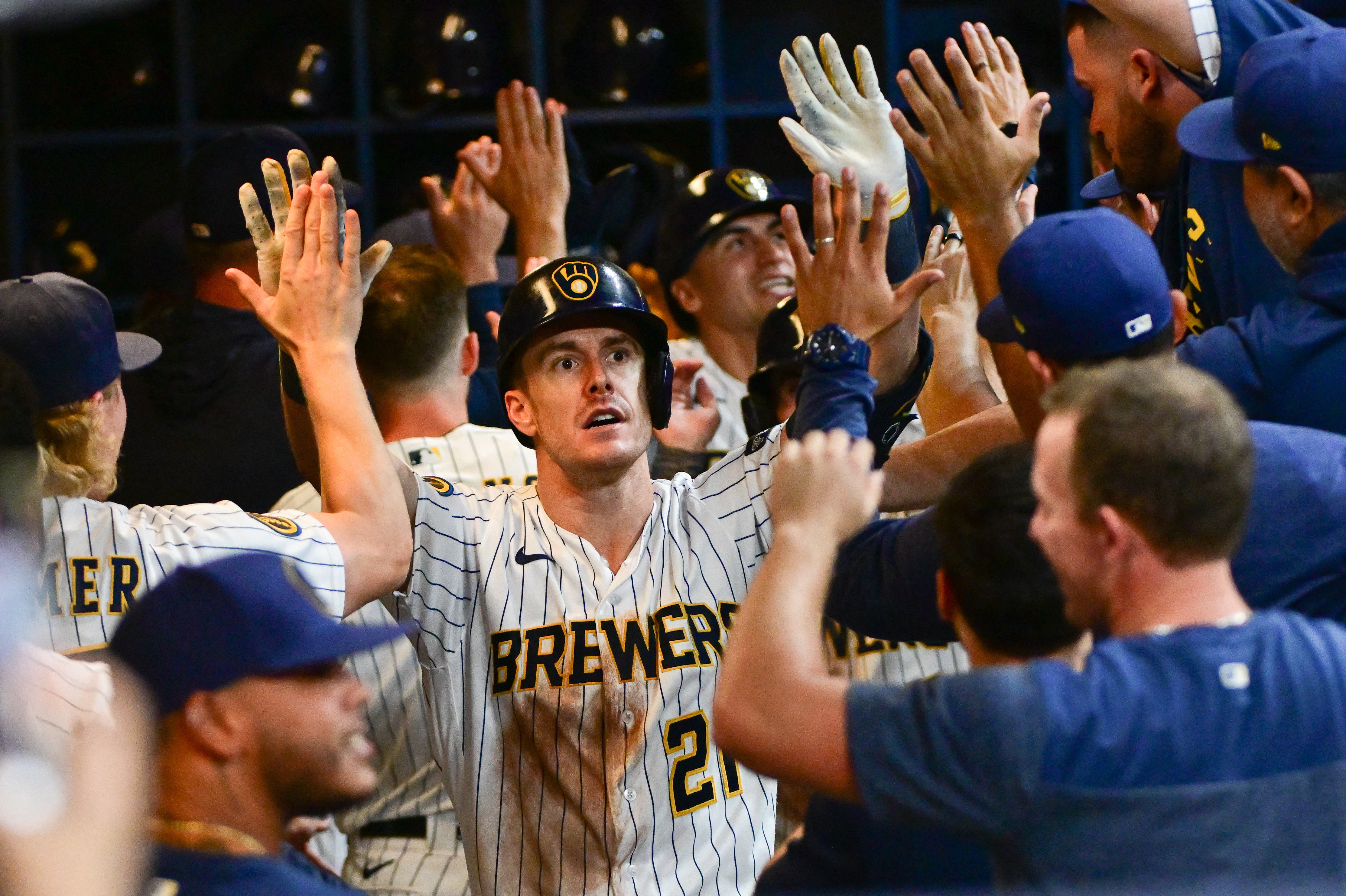 Milwaukee Brewers' Mark Canha hits a single during the sixth inning of a  baseball game against the Washington Nationals Sunday, Sept. 17, 2023, in  Milwaukee. (AP Photo/<orry Gash Stock Photo - Alamy