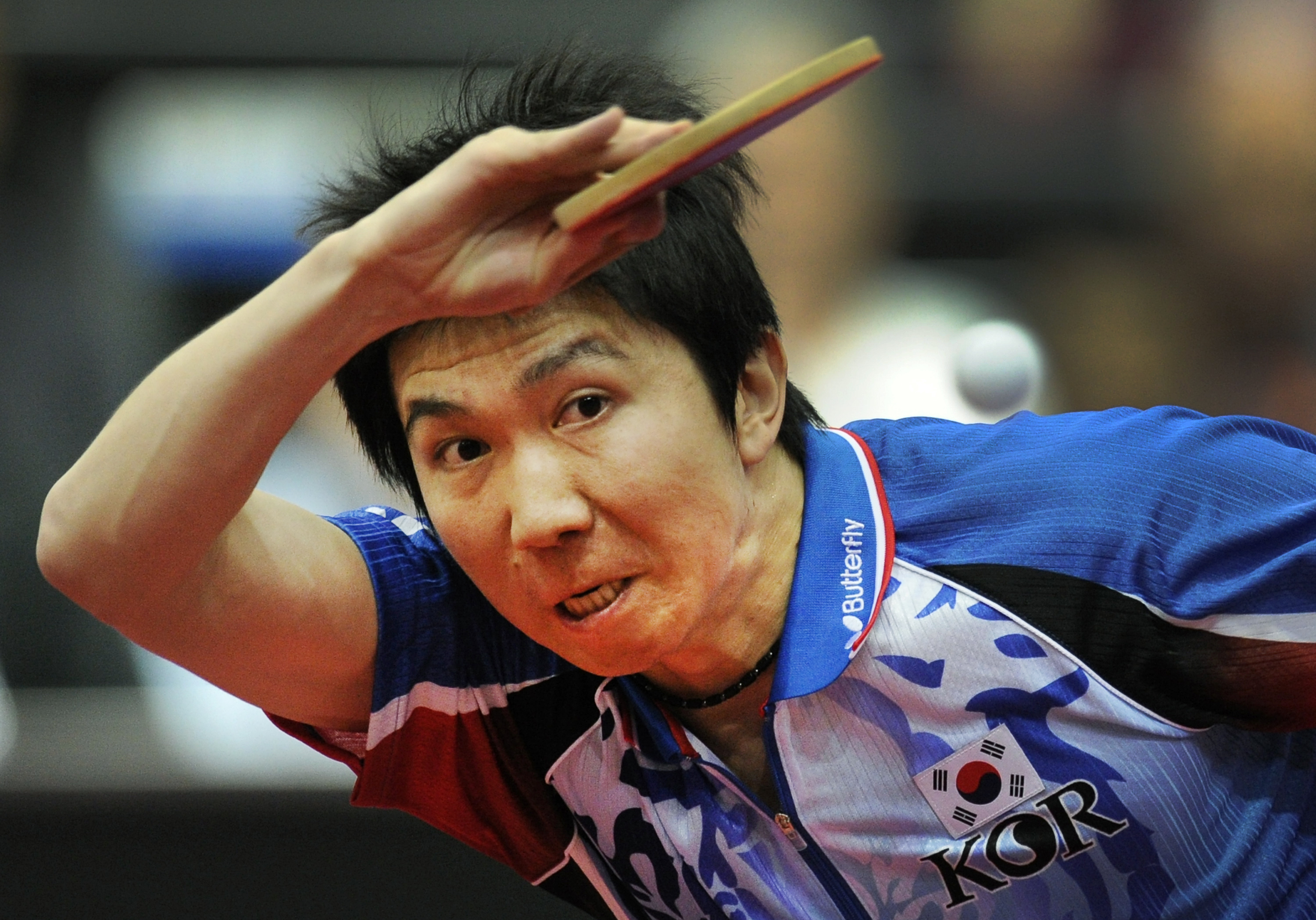Ryu of South Korea plays against Wang of China during their World Table Tennis Championships in Rotterdam