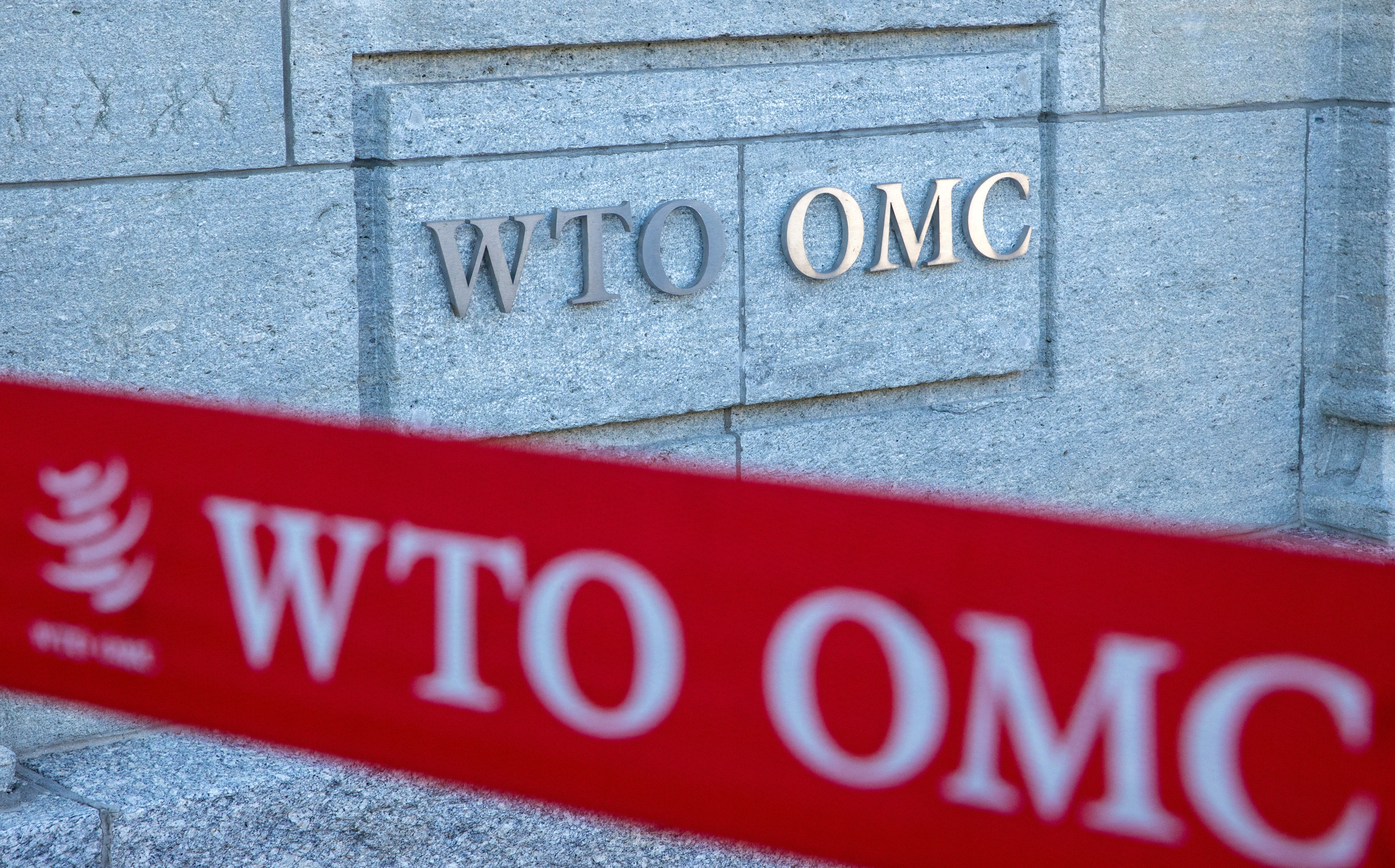 A logo is seen at the WTO in Geneva