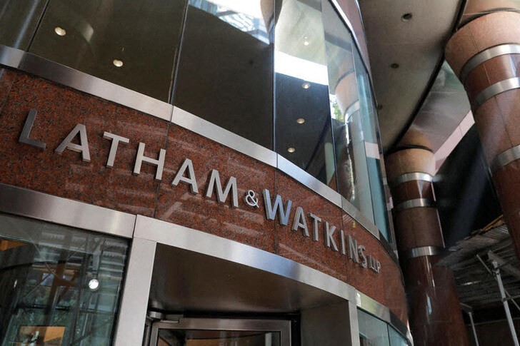 Signage is seen on the exterior of the building where law firm Latham & Watkins LLP are located in Manhattan, New York City