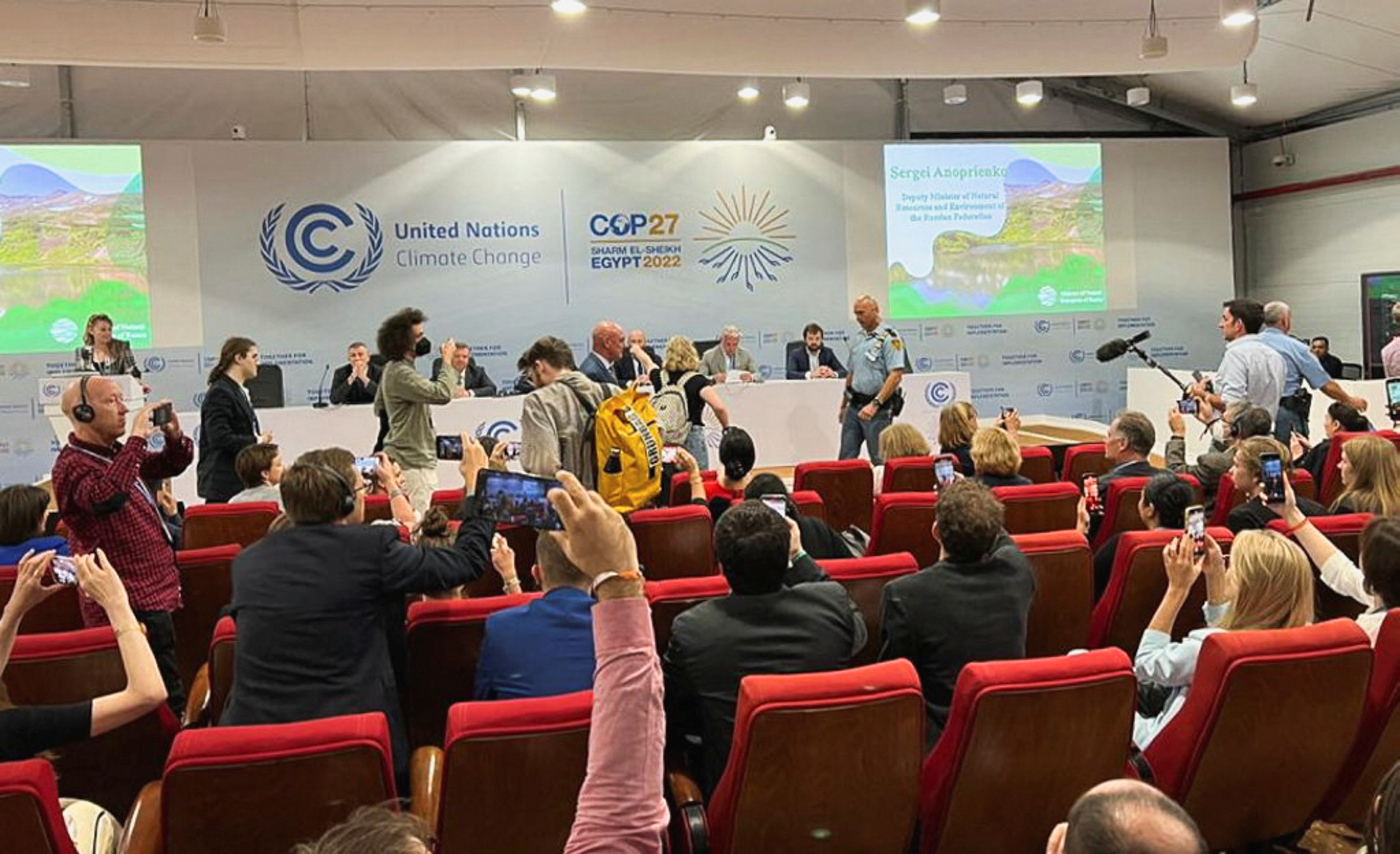 Protesters disrupt a Russian-hosted event at the COP27 climate conference in Sharm el-Sheikh