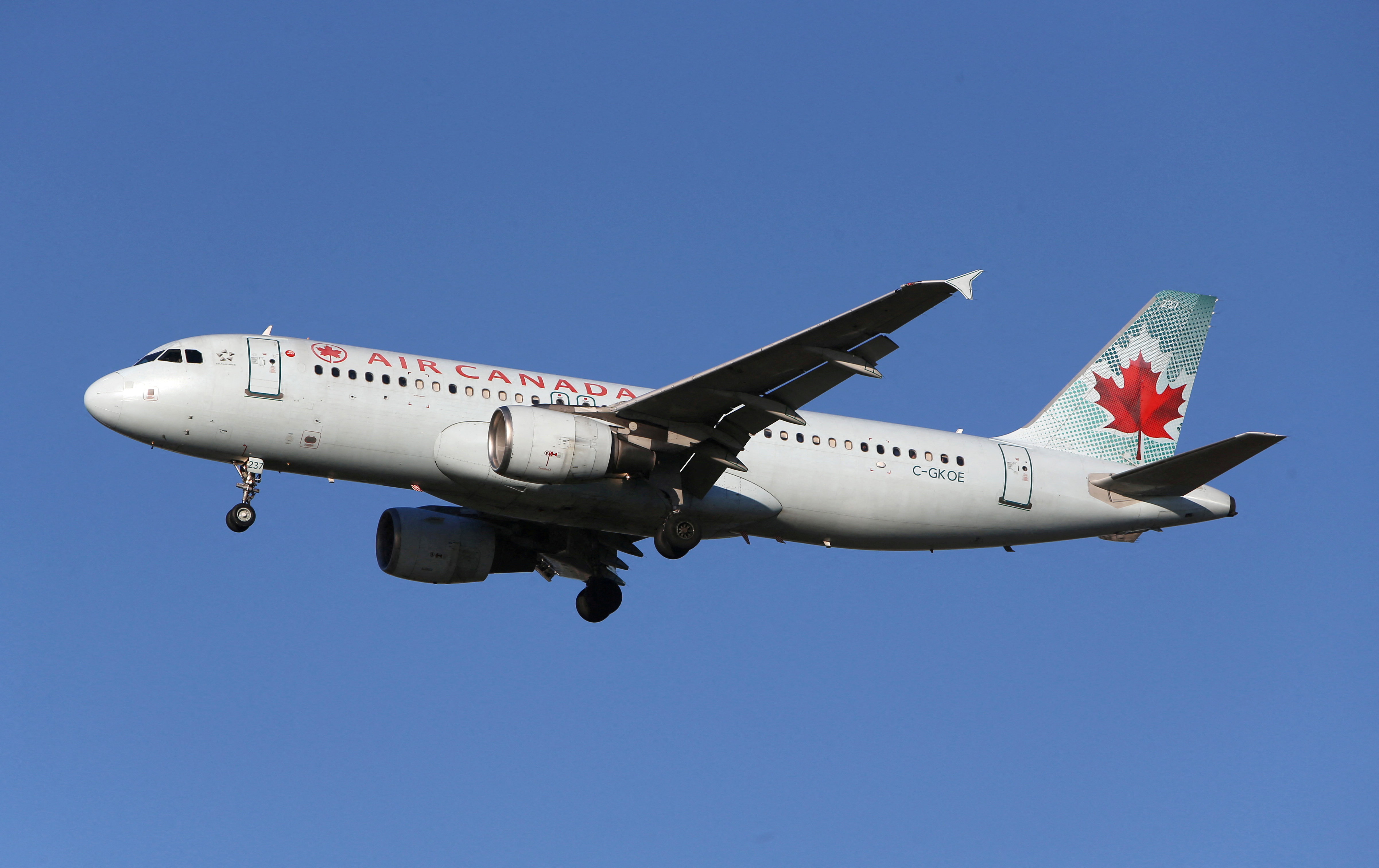 An Air Canada Airbus A320 airplane prepares to land at Vancouver's international airport in Richmond,