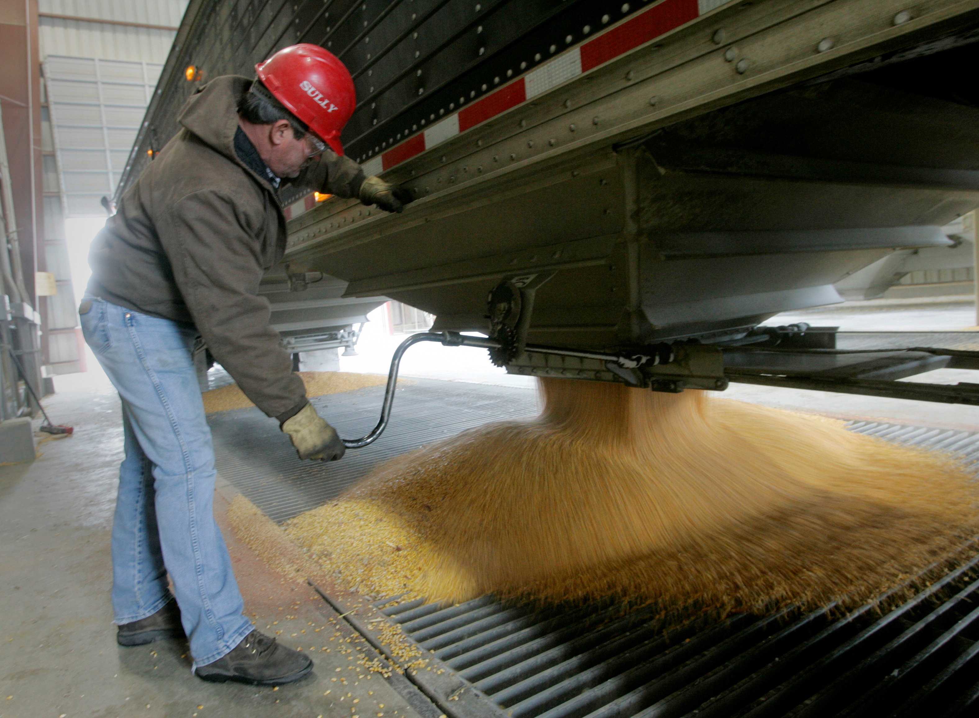 A truckdriver unloads his cargo of corn into a chute at the Lincolnway Energy plant in Nevada, Iowa