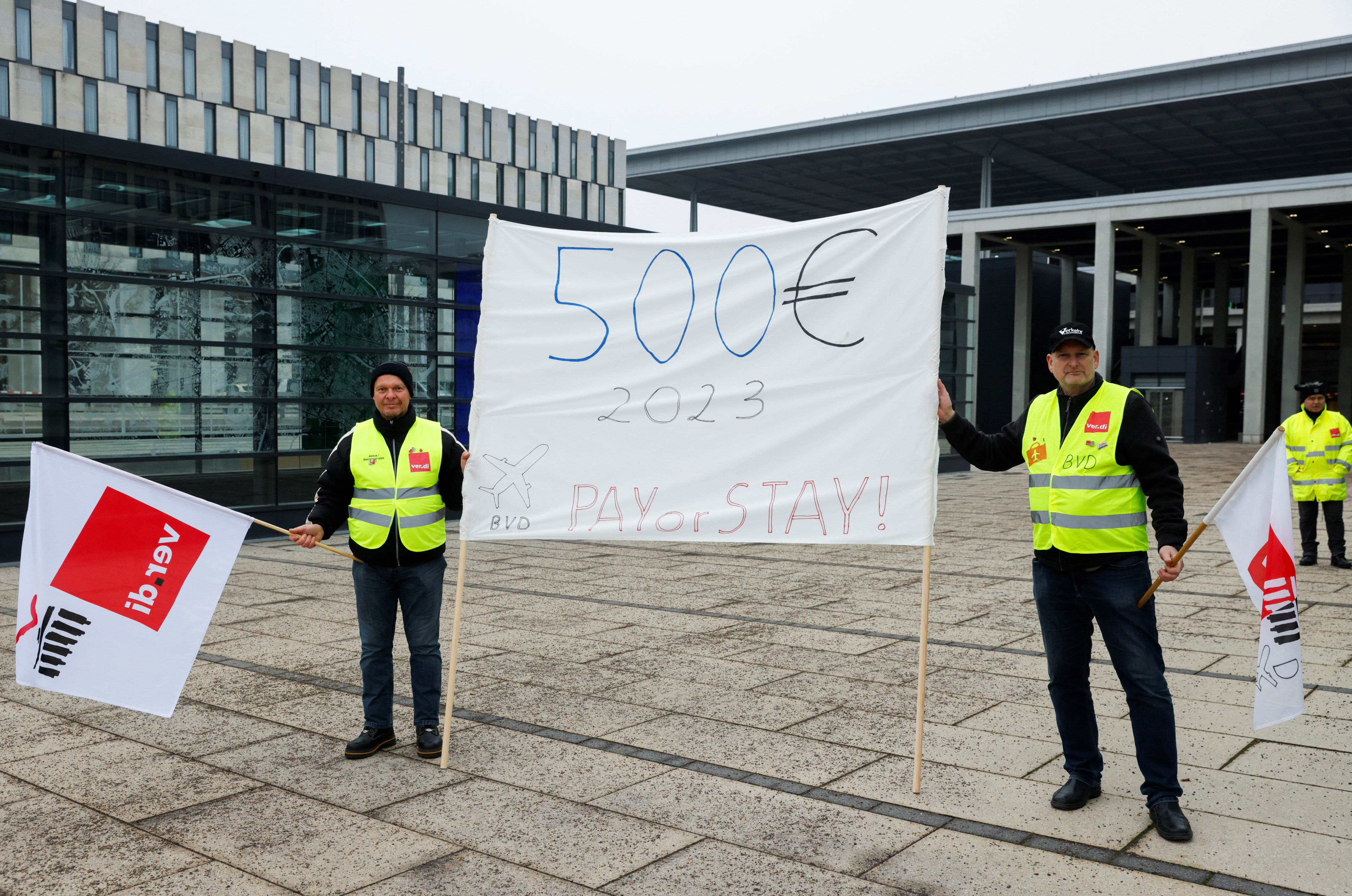 Employees strike over pay demands at the Berlin Brandenburg Airport (BER) in Berlin