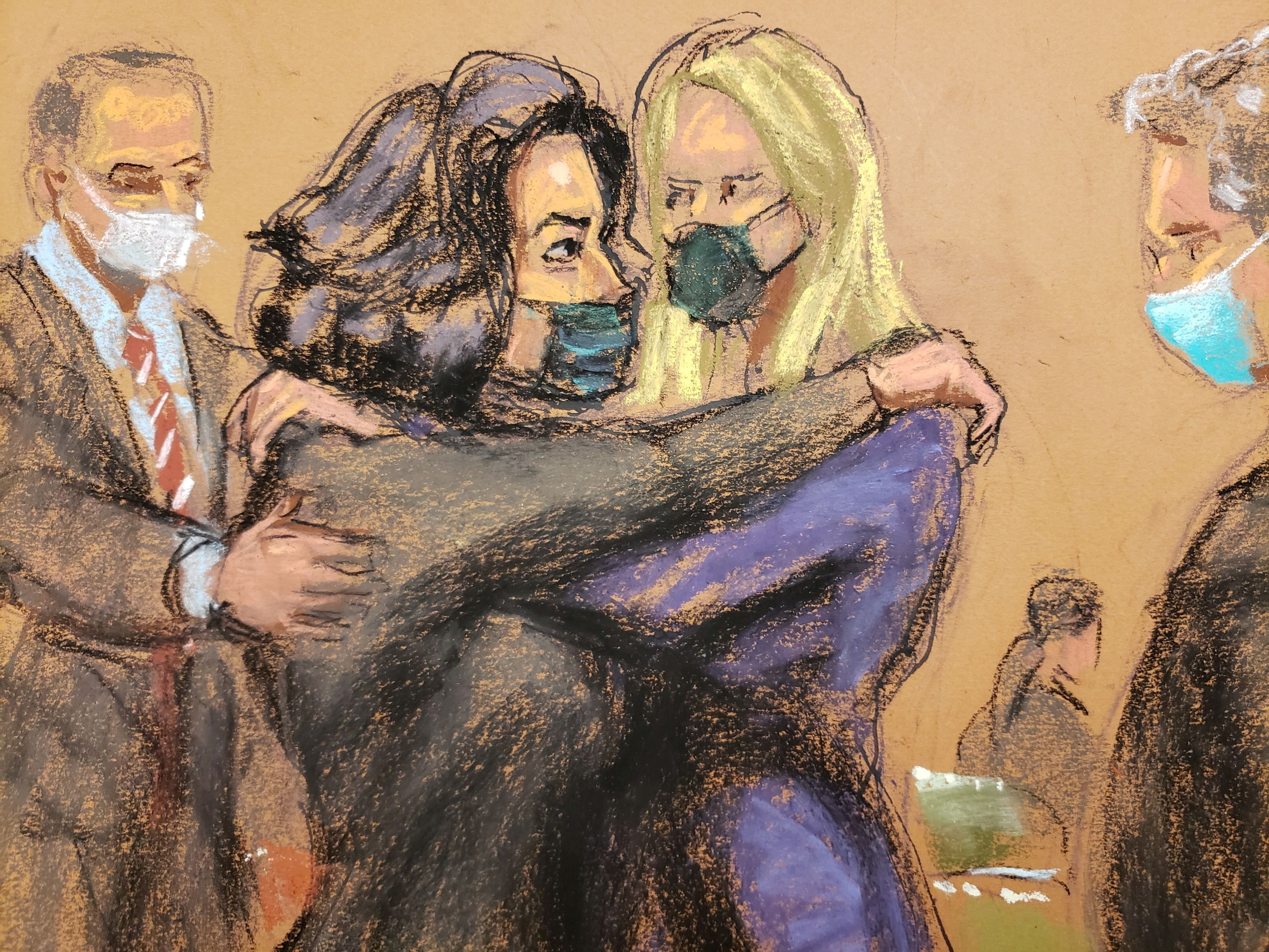 Ghislaine Maxwell hugs her attorney as she arrives for jury selection in the trial of Maxwell, Jeffrey Epstein's associate accused of sex trafficking, in a courtroom sketch in New York City, U.S., November 18, 2021. REUTERS/Jane Rosenberg