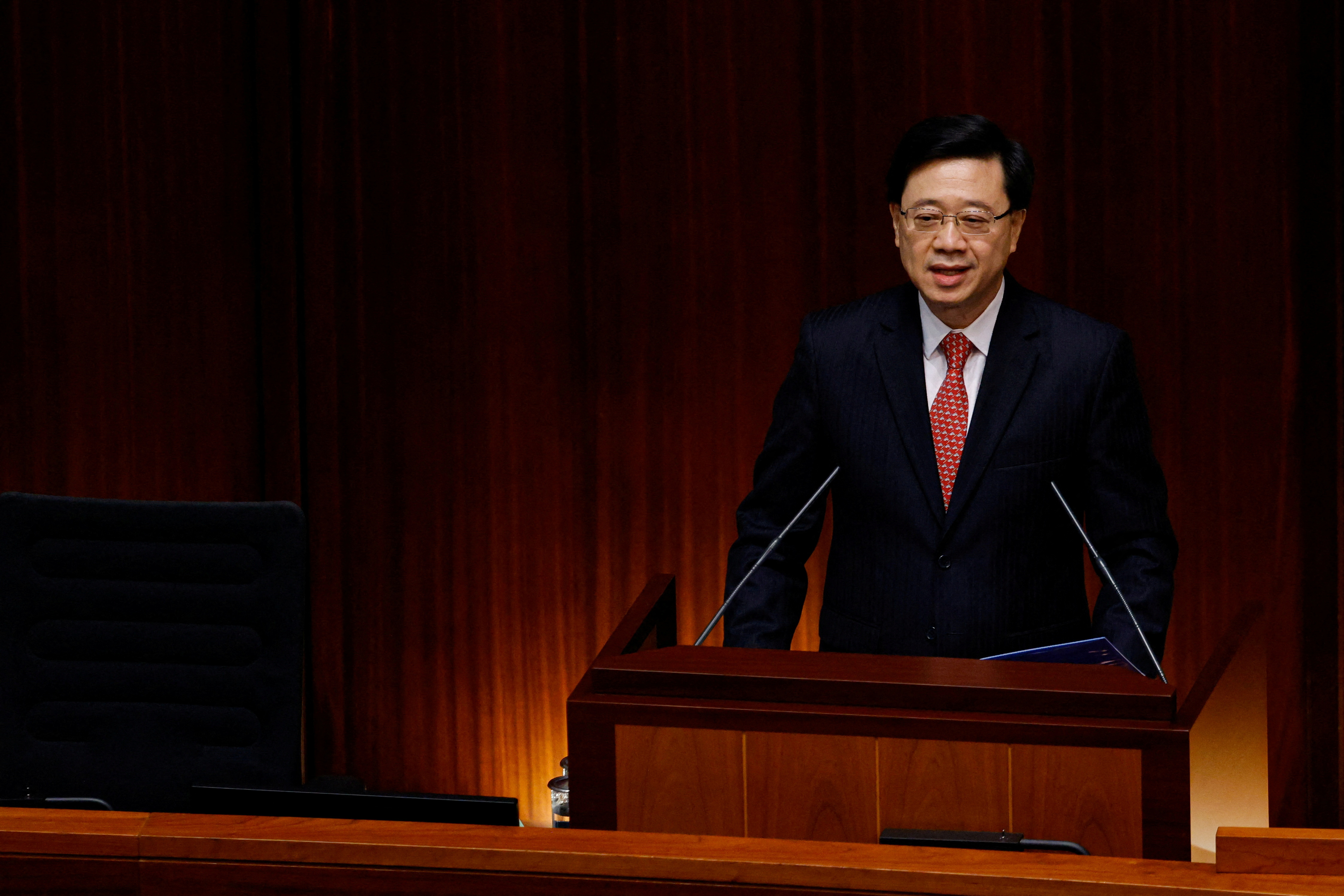 Hong Kong Chief Executive John Lee delivers his first annual policy address at the Legislative Council in Hong Kong