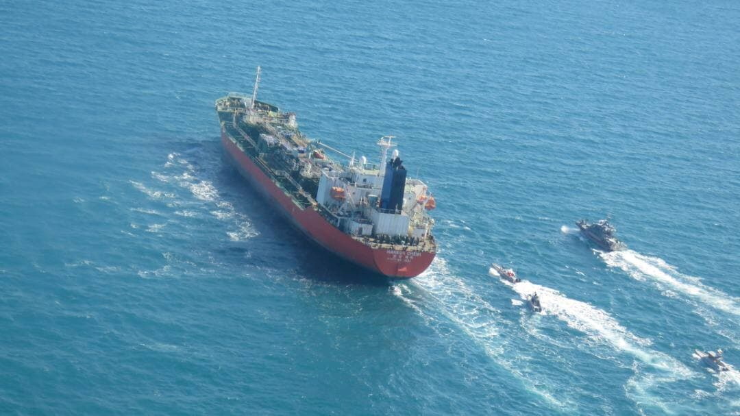 A South Korean-flagged tanker vessel which was seized by Iran. is seen in Gulf