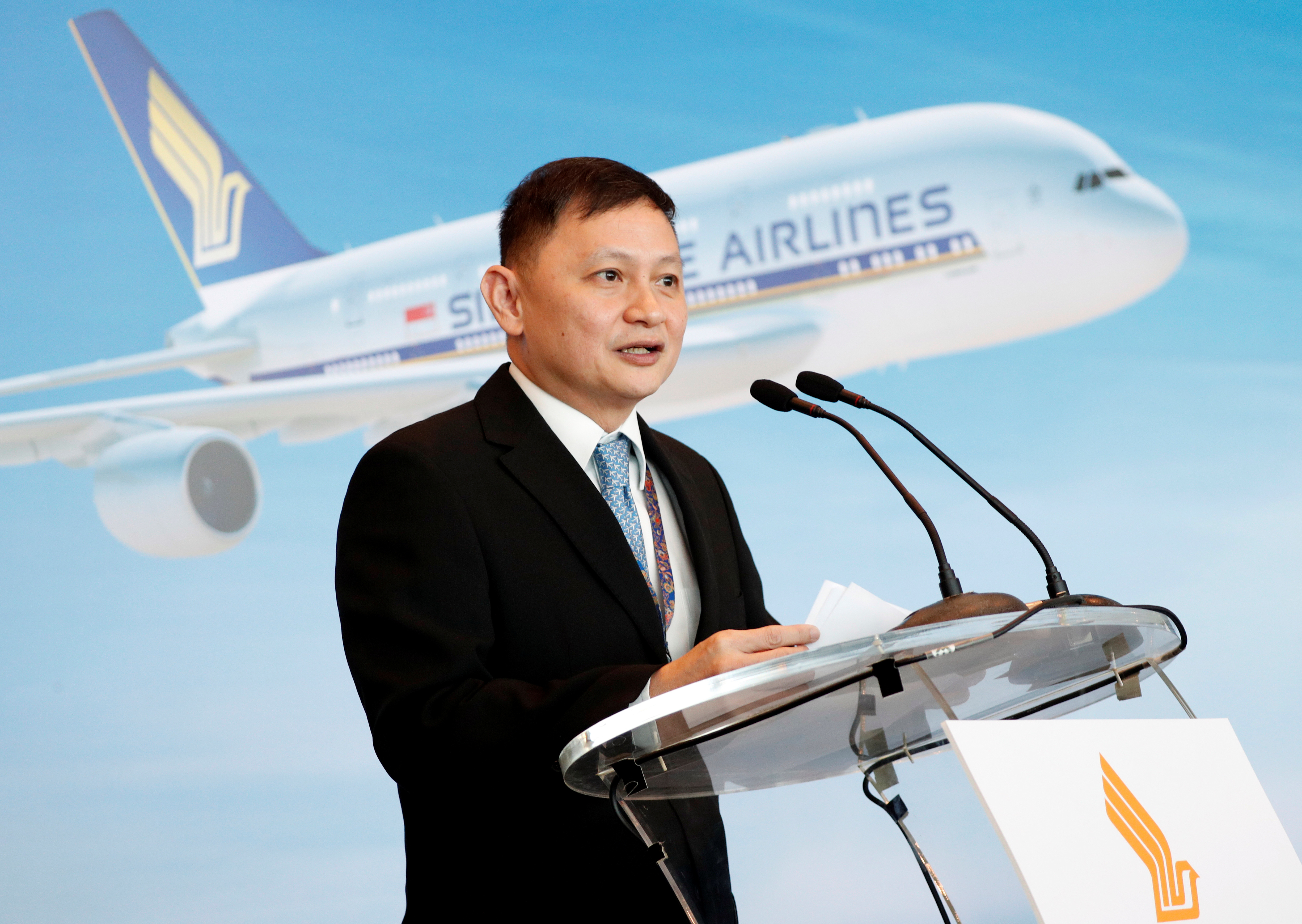 Singapore Airlines CEO Goh Choon Phong speaks before a tour of Singapore Airlines' A380 fitted with newly launched cabin products at Changi Airport in Singapore