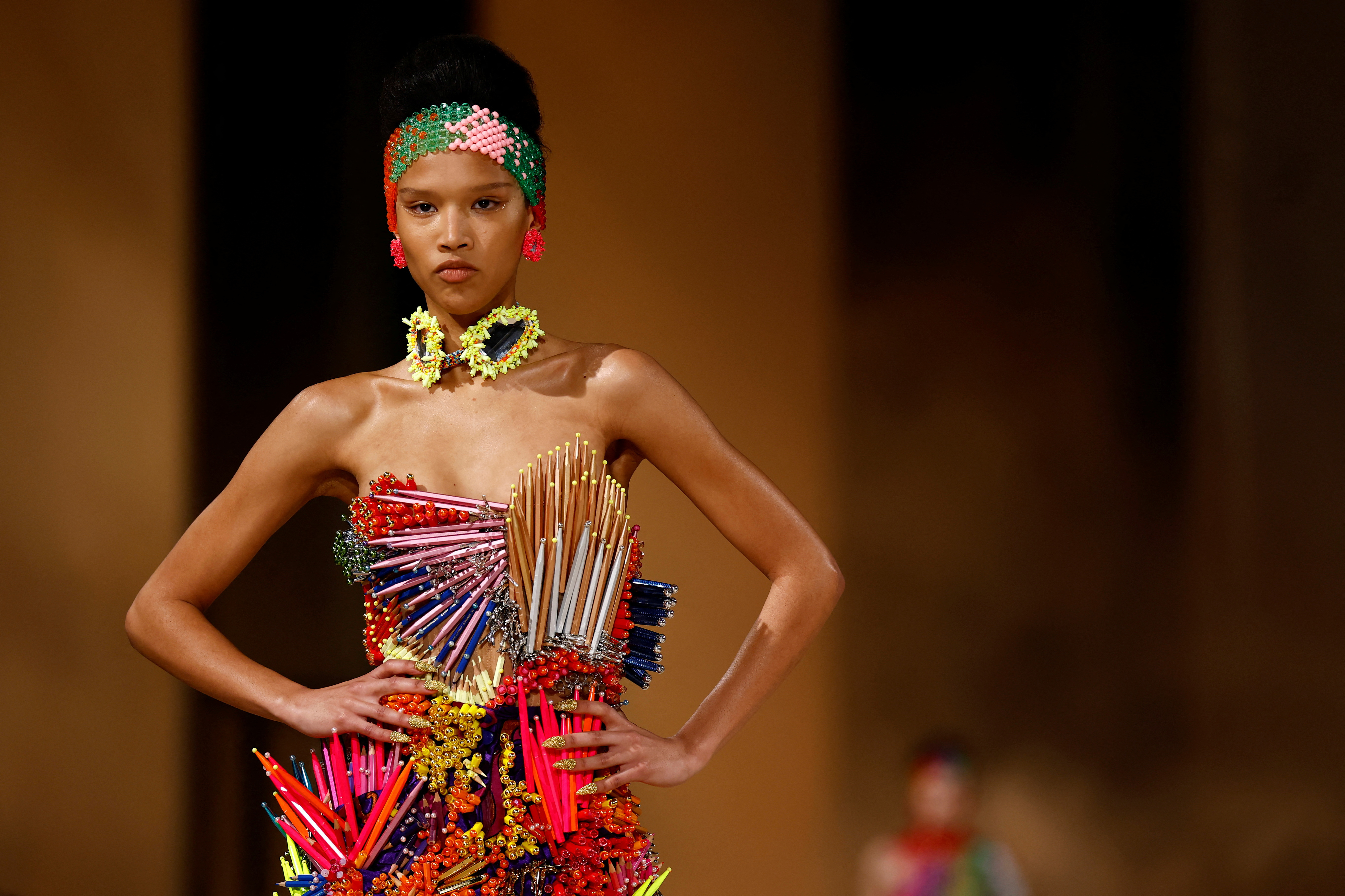 beadded runway dress Germanier shows colourful, beaded haute couture on Paris vacation essential
