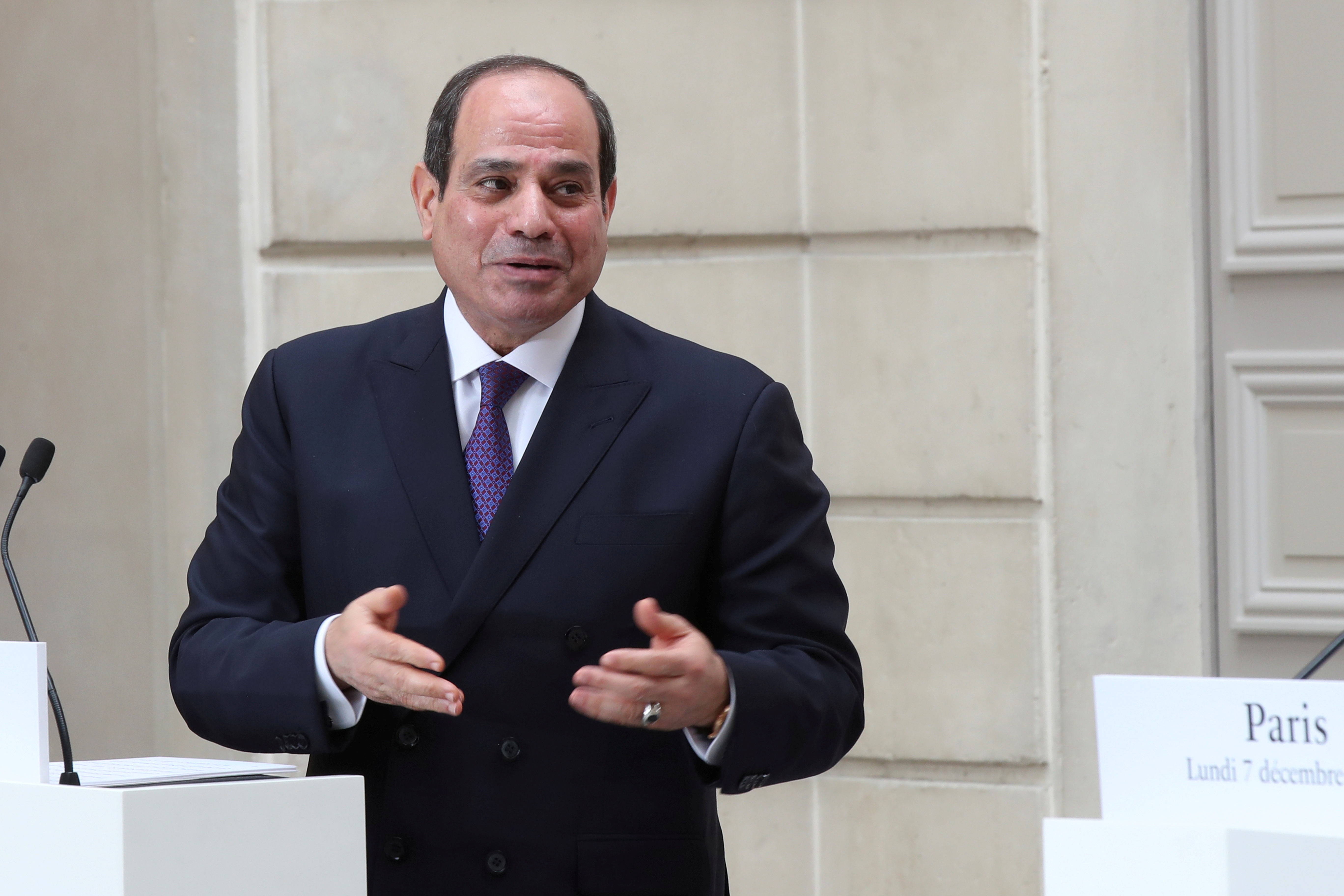 Egyptian President Abdel Fattah al-Sisi speaks during a joint news conference with French President Emmanuel Macron at the Elysee palace, France December 7, 2020. Michel Euler/Pool via REUTERS