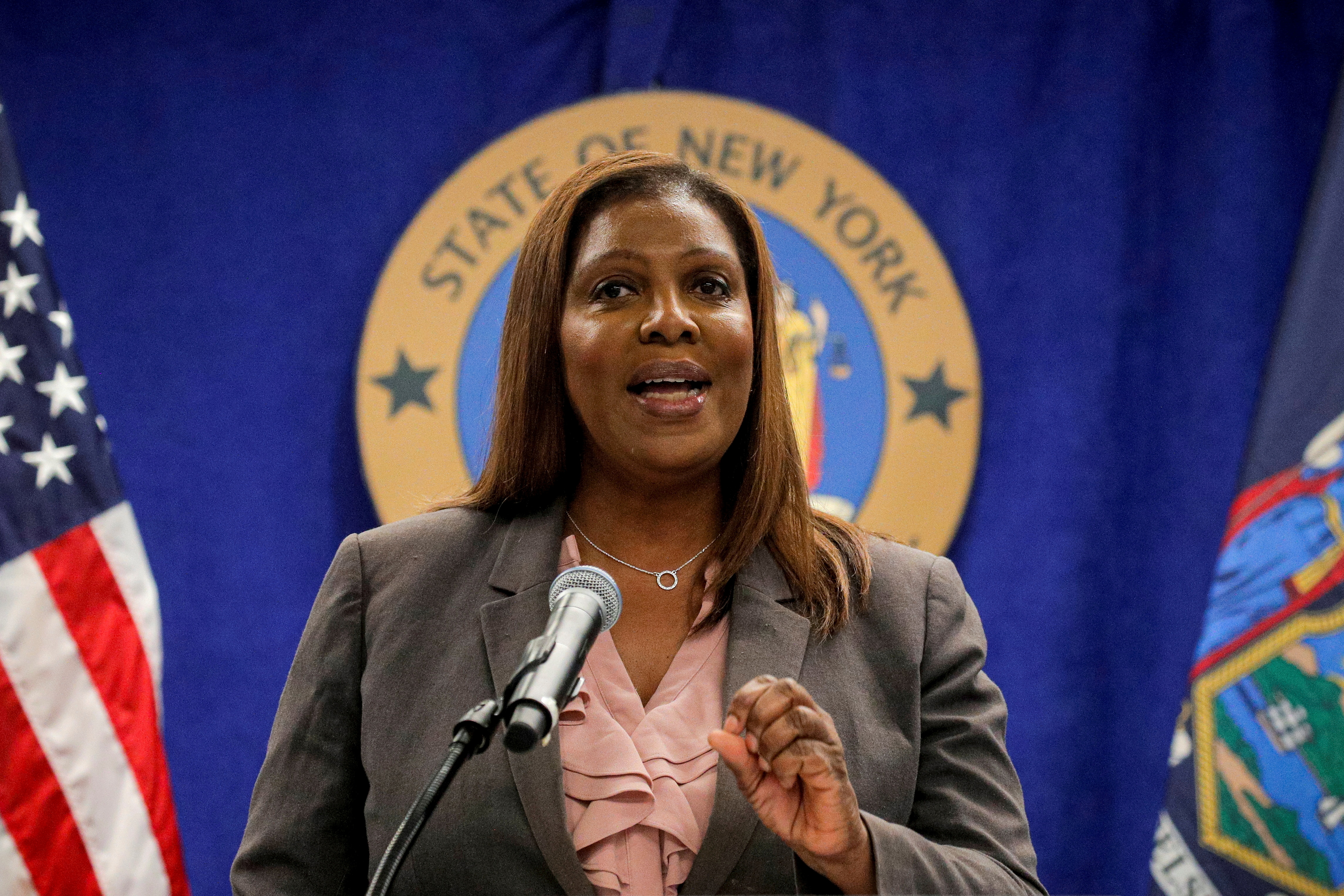 New York State Attorney General, Letitia James, speaks during a news conference, to announce criminal justice reform in New York