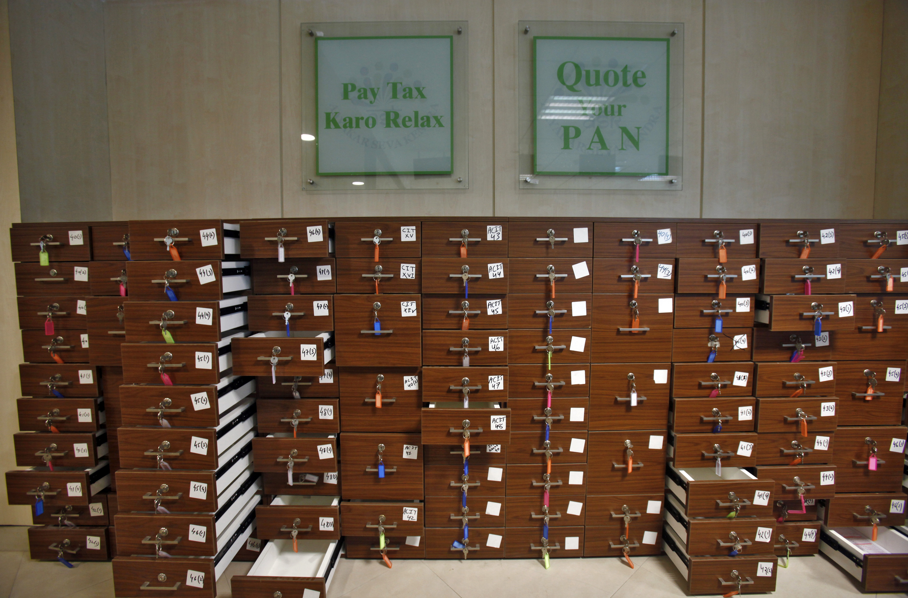 Chests of drawers are pictured at the Income Tax office in New Delhi