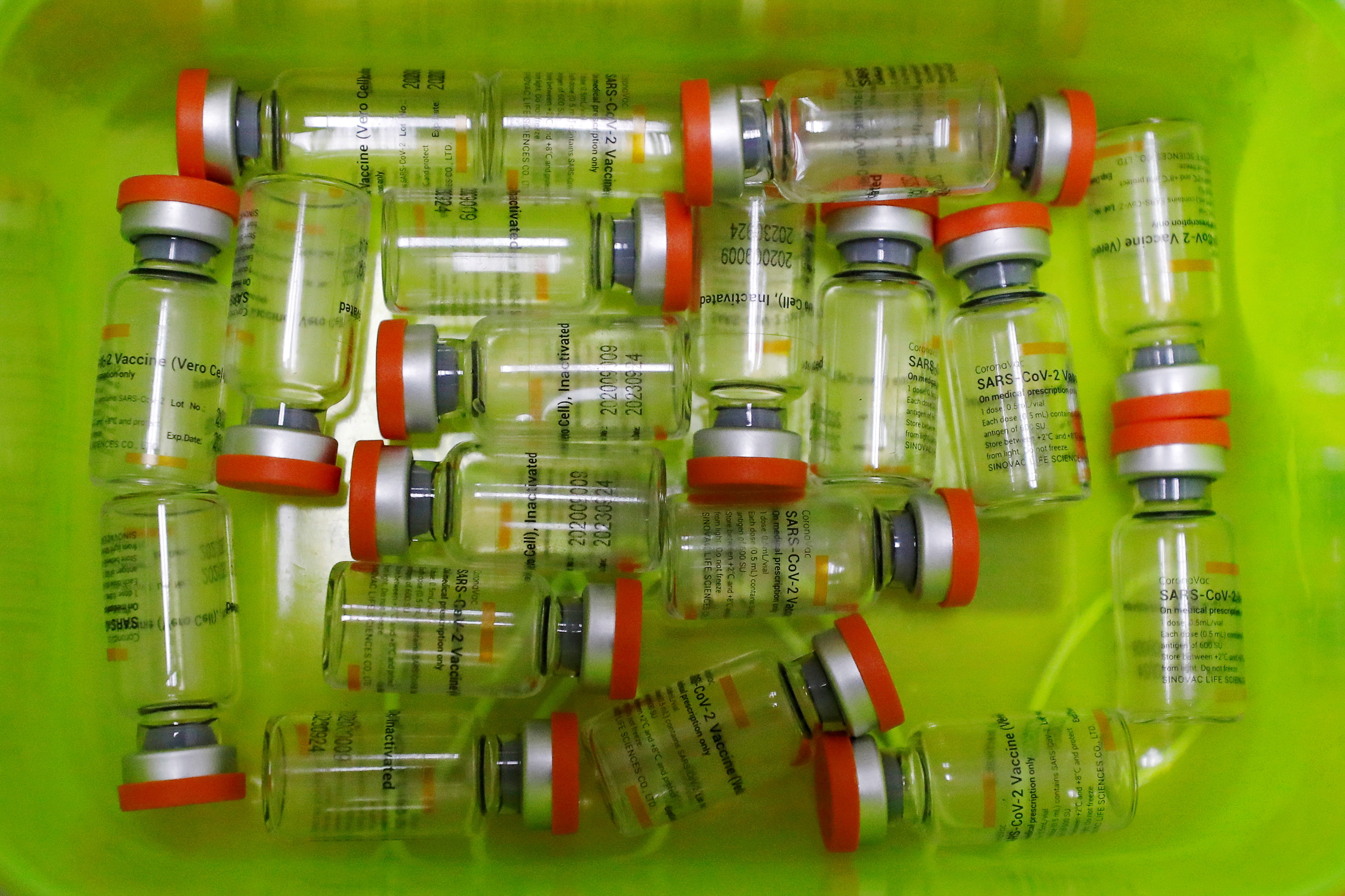 Bottles of the Sinovac vaccine are seen at a hospital in Jakarta