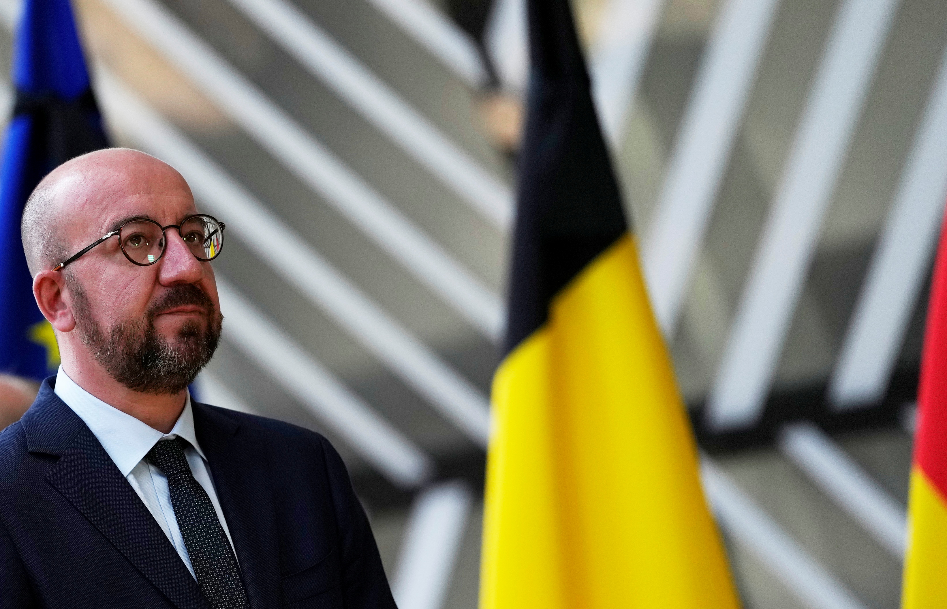 European Council President Charles Michel pauses for one minute of silence to pay respect to victims of the recent floods in Europe, at the EU Council in Brussels, Belgium, July 20, 2021. Virginia Mayo/Pool via REUTERS