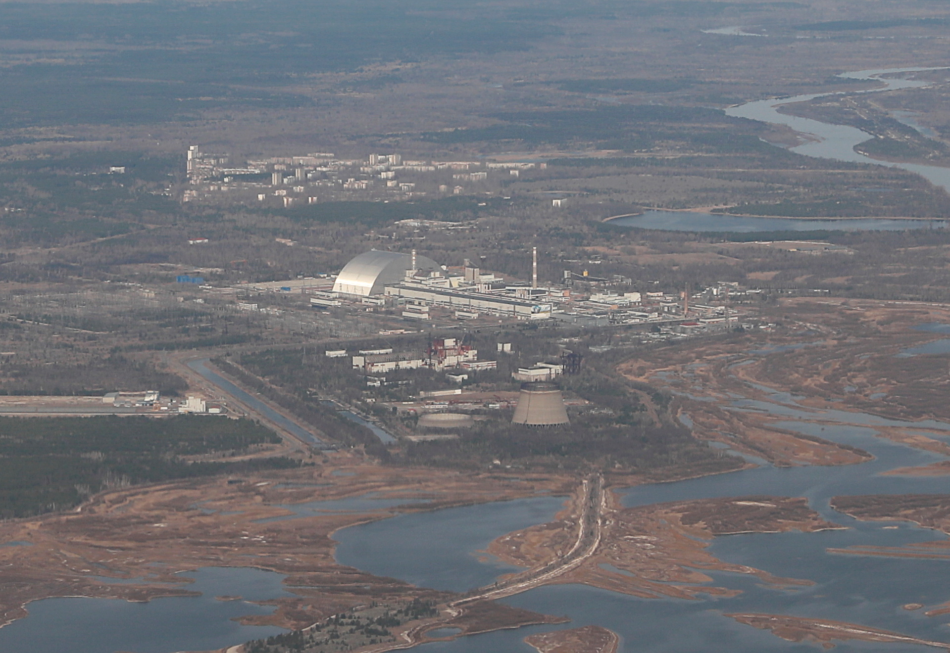 A view shows the Chernobyl Nuclear Power Plant during a tour to the Chernobyl zone