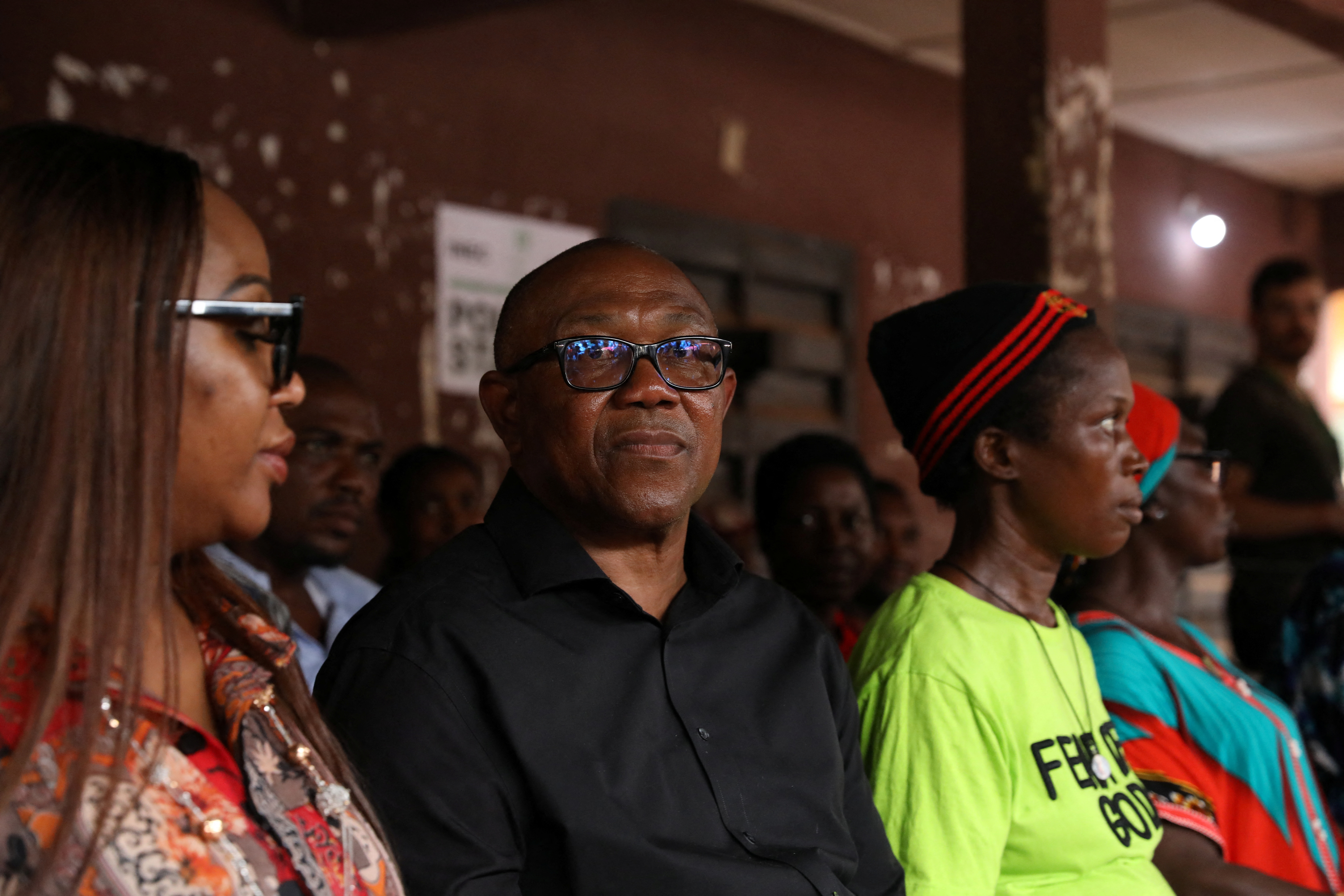 Labour Party (LP) Presidential candidate, Peter Obi, waits at a polling unit to cast his vote during Nigeria's presidential election in his hometown in Agulu