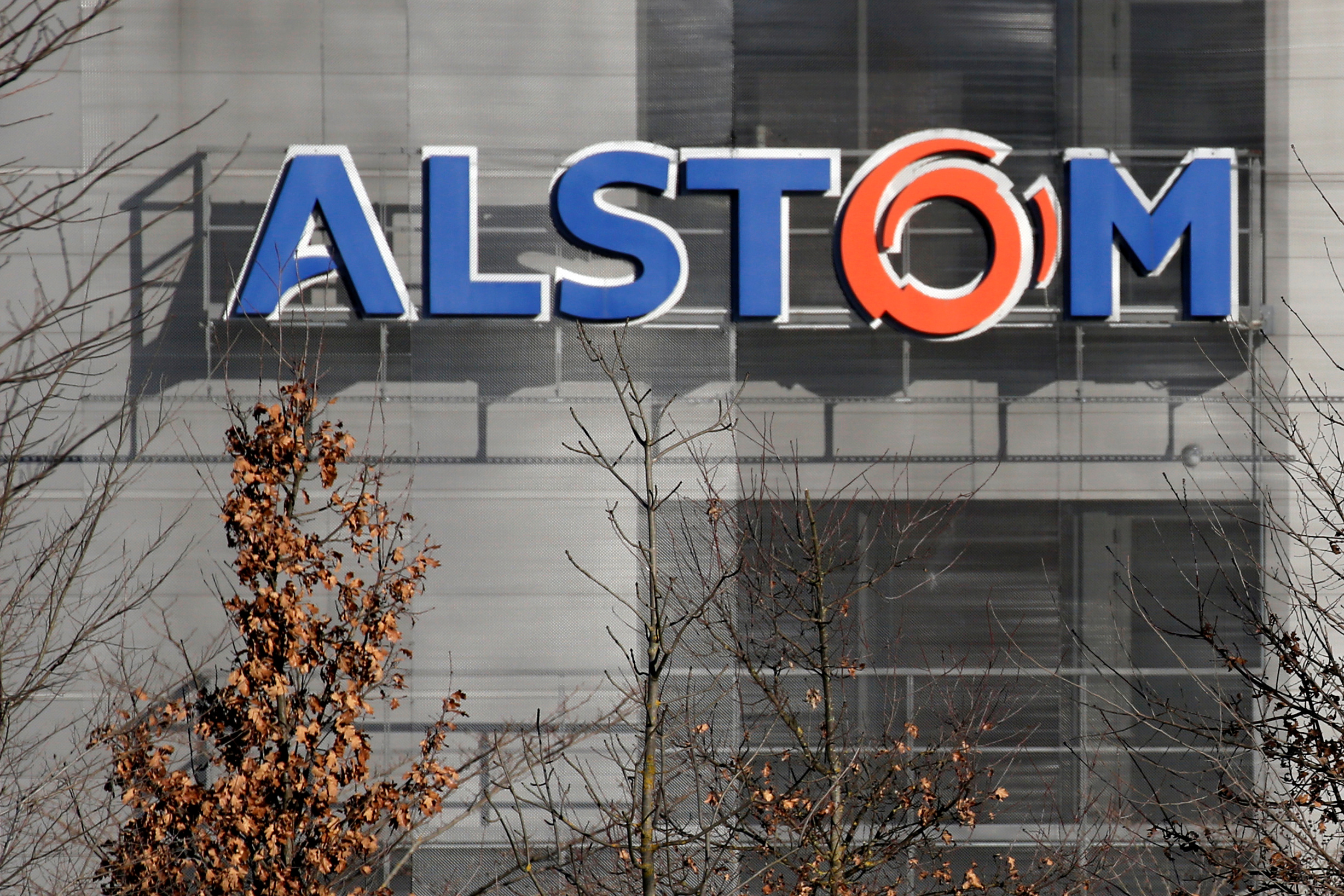 A logo of Alstom is seen at the Alstom's plant in Semeac near Tarbes