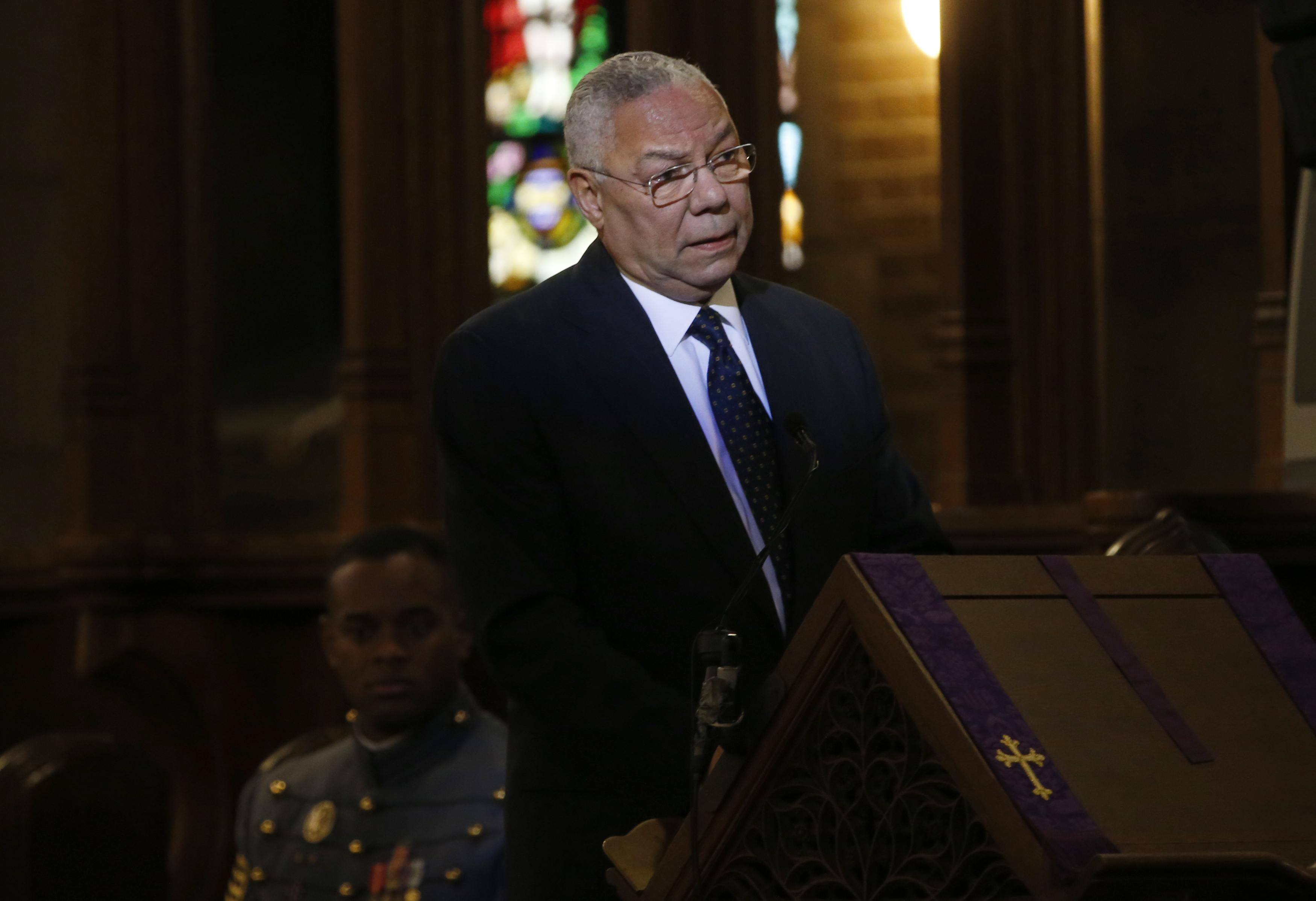 Former U.S. Army Four Star General and former U.S. Secretary of State Colin Powell speaks at the funeral for the late U.S. Army Four Star General H. Norman Schwarzkopf at the Cadet Chapel at the United States Military Academy at West Point, New York, February 28, 2013. REUTERS/Mike Segar 