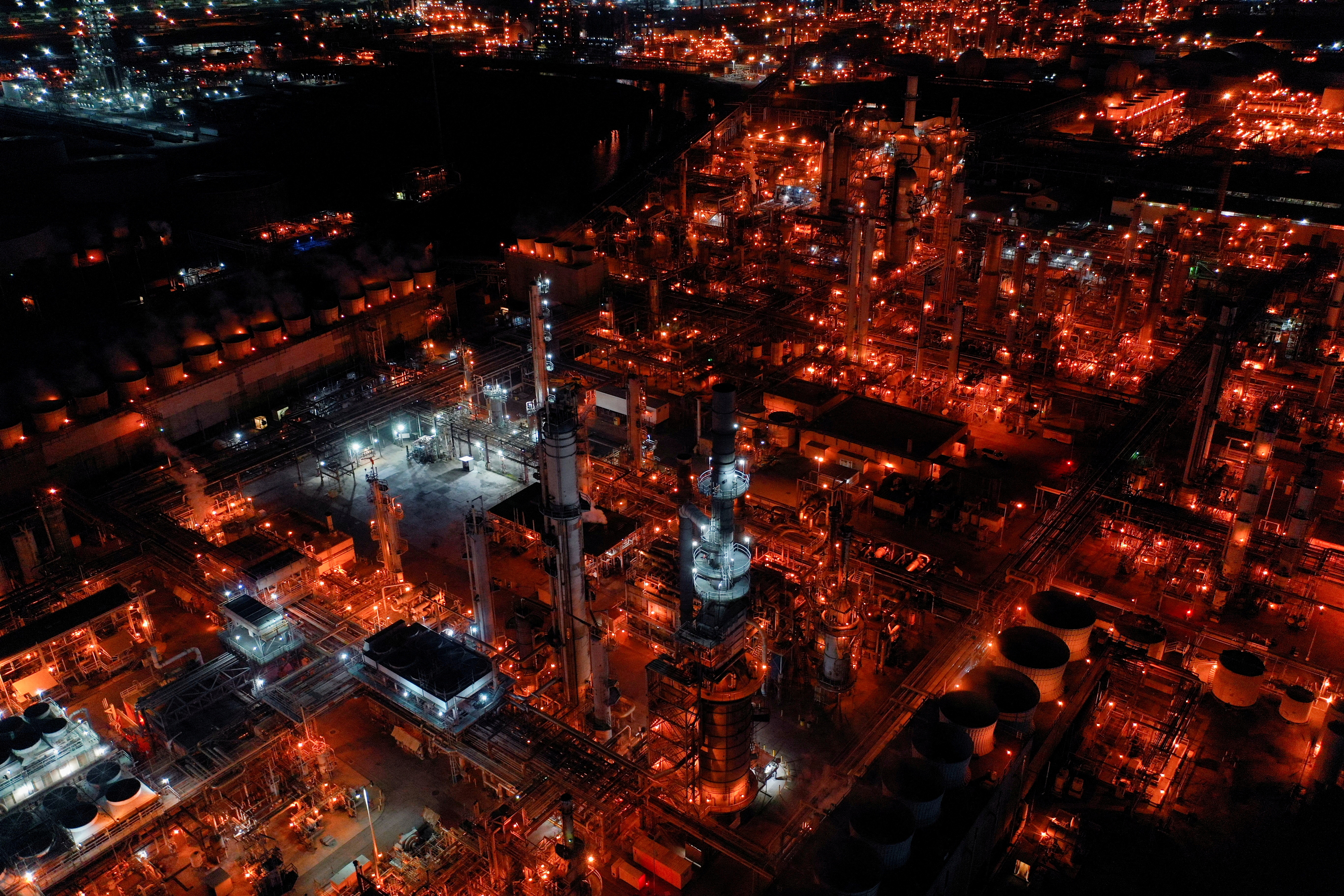 Aerial nighttime view of Marathon Petroleum's Los Angeles Refinery in Carson