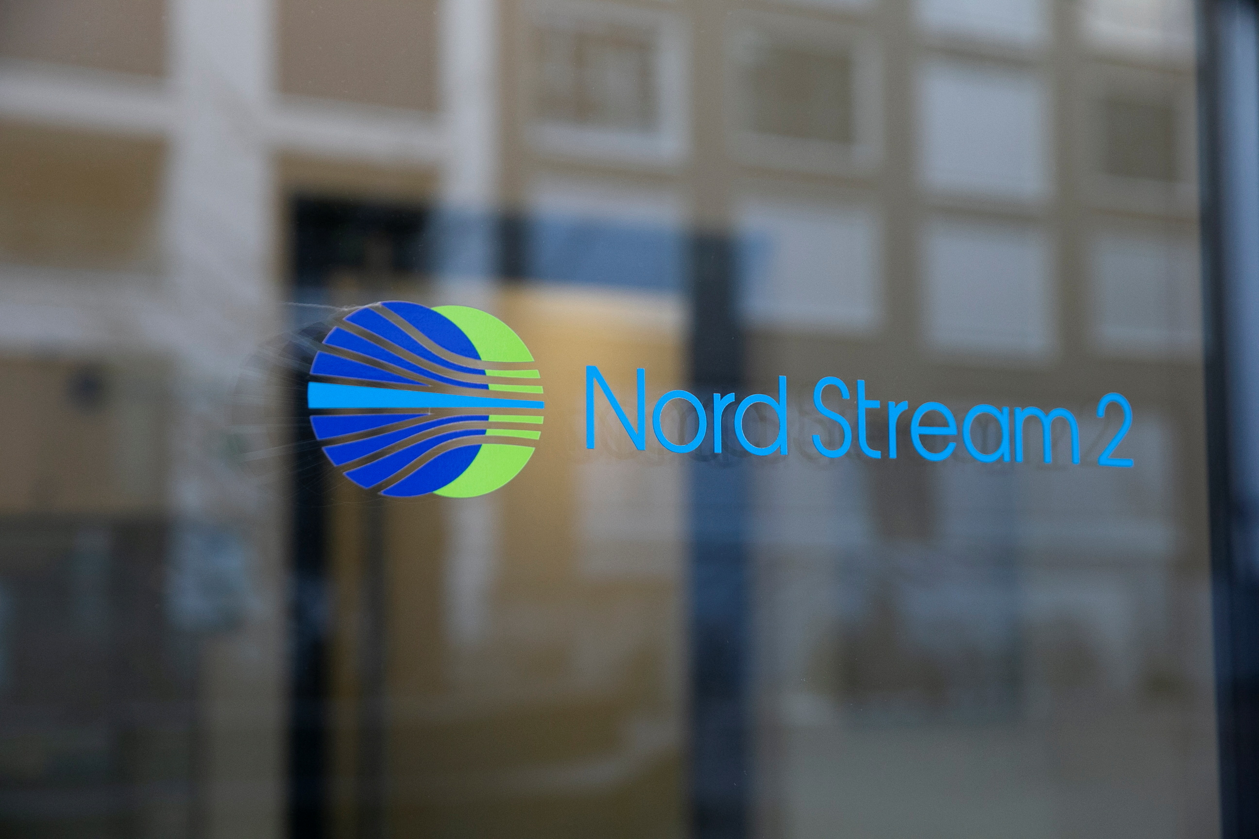 The logo of Nord Stream 2 AG is seen at an office building in Zug