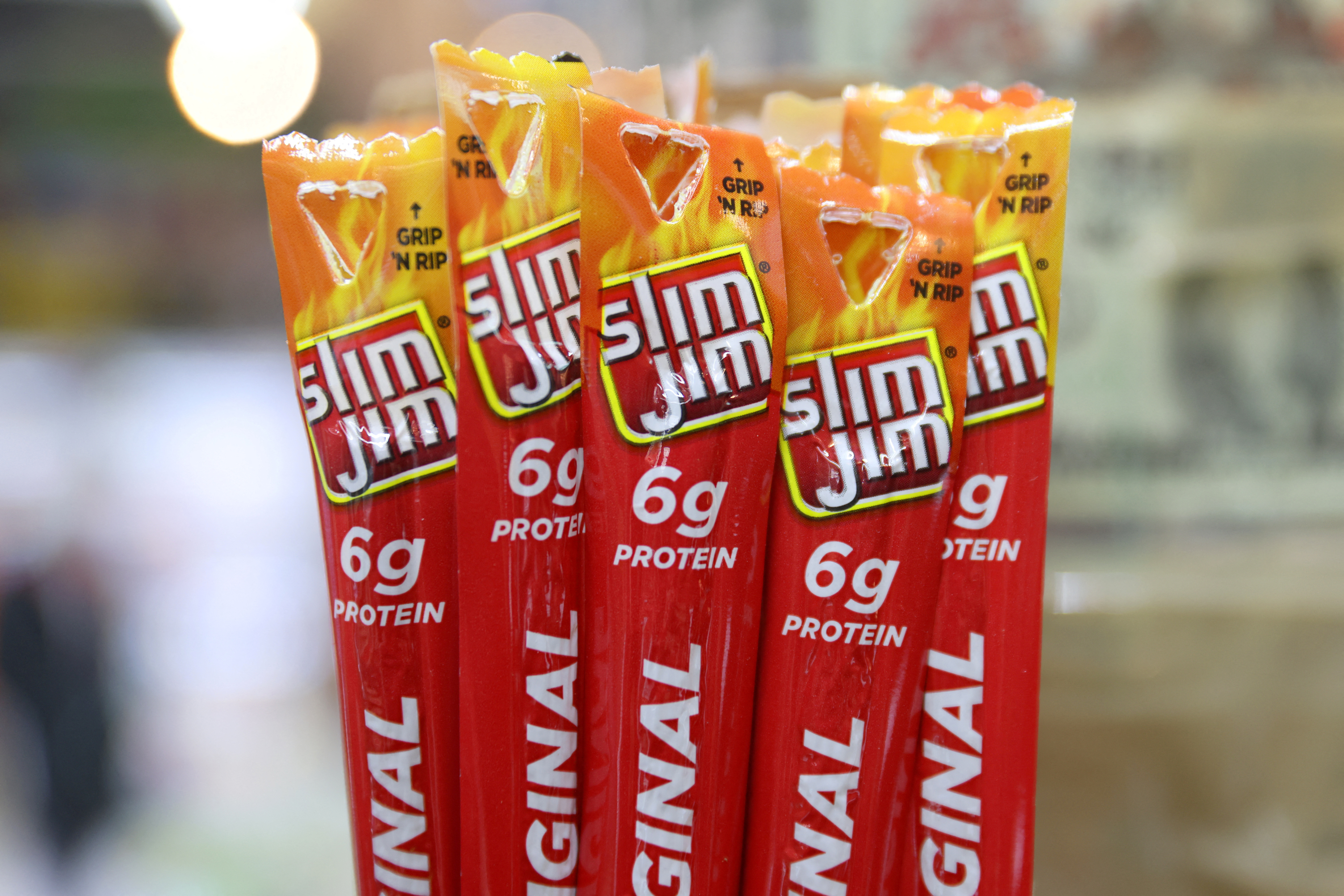 Slim Jim products, owned by Conagra Brands, are seen for sale in a store in Manhattan, New York