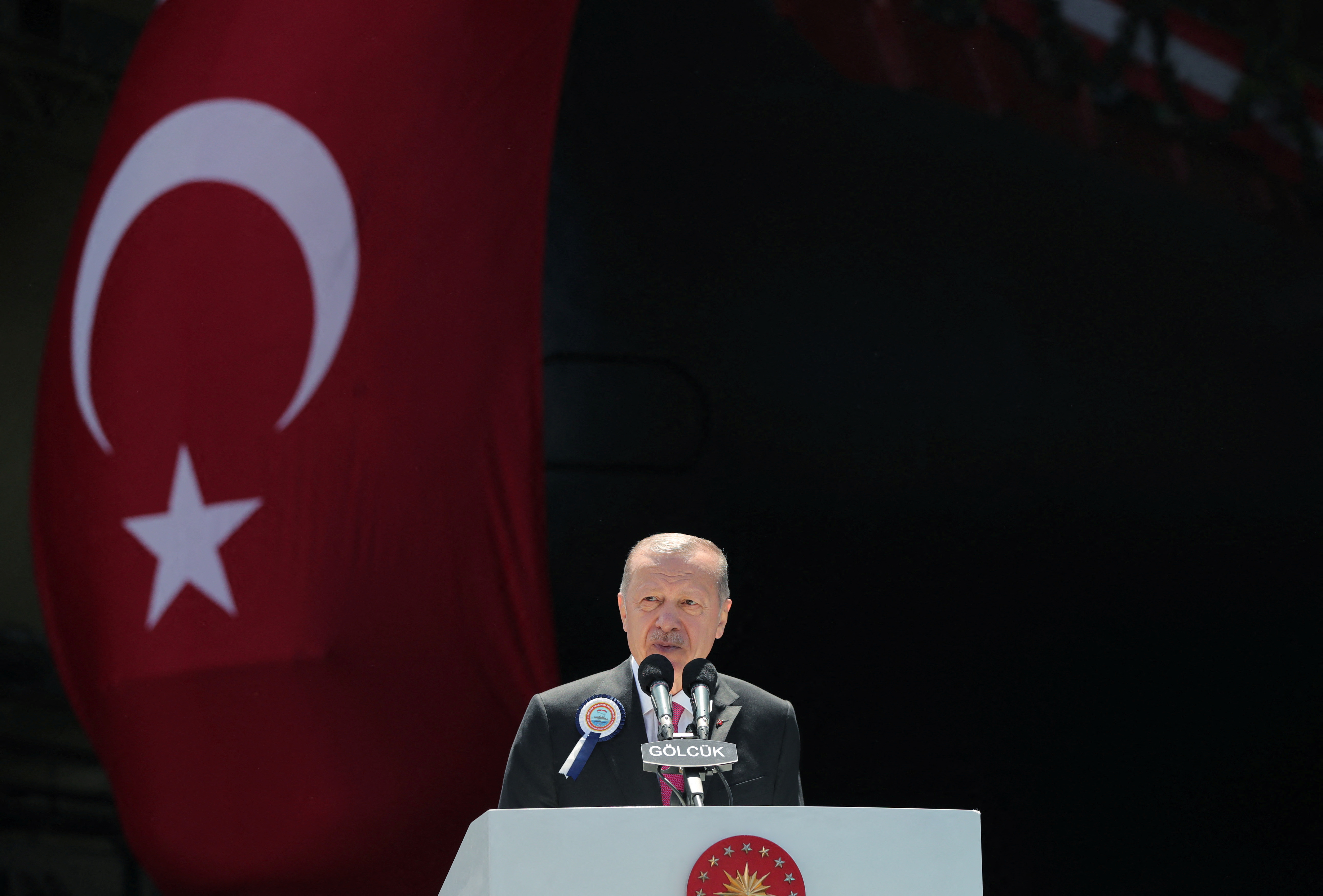 Turkish President Erdogan speaks during a ceremony at the Golcuk Naval Shipyard