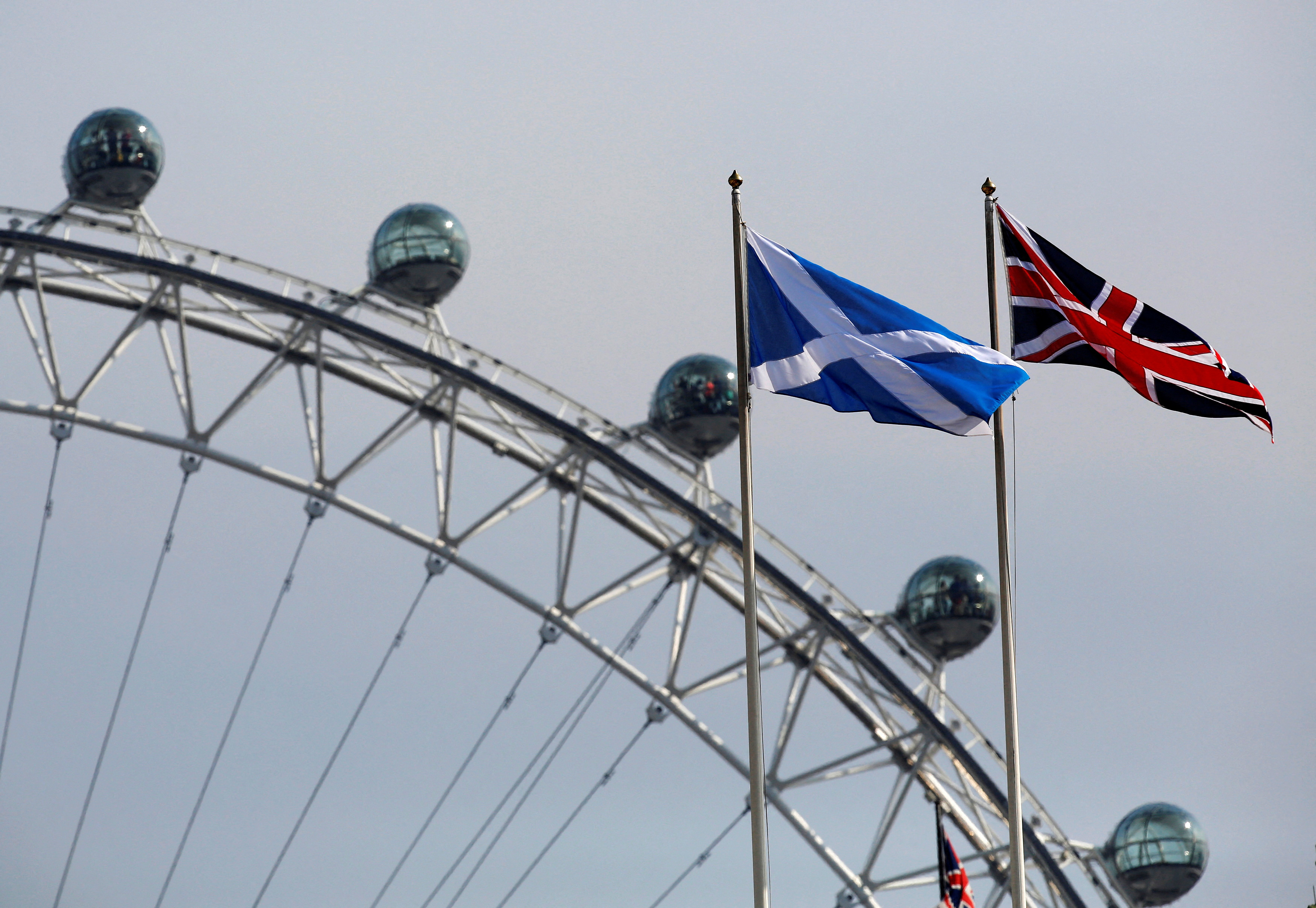 A Scottish Saltire flag and British Union flag fly together with the London Eye behind in London