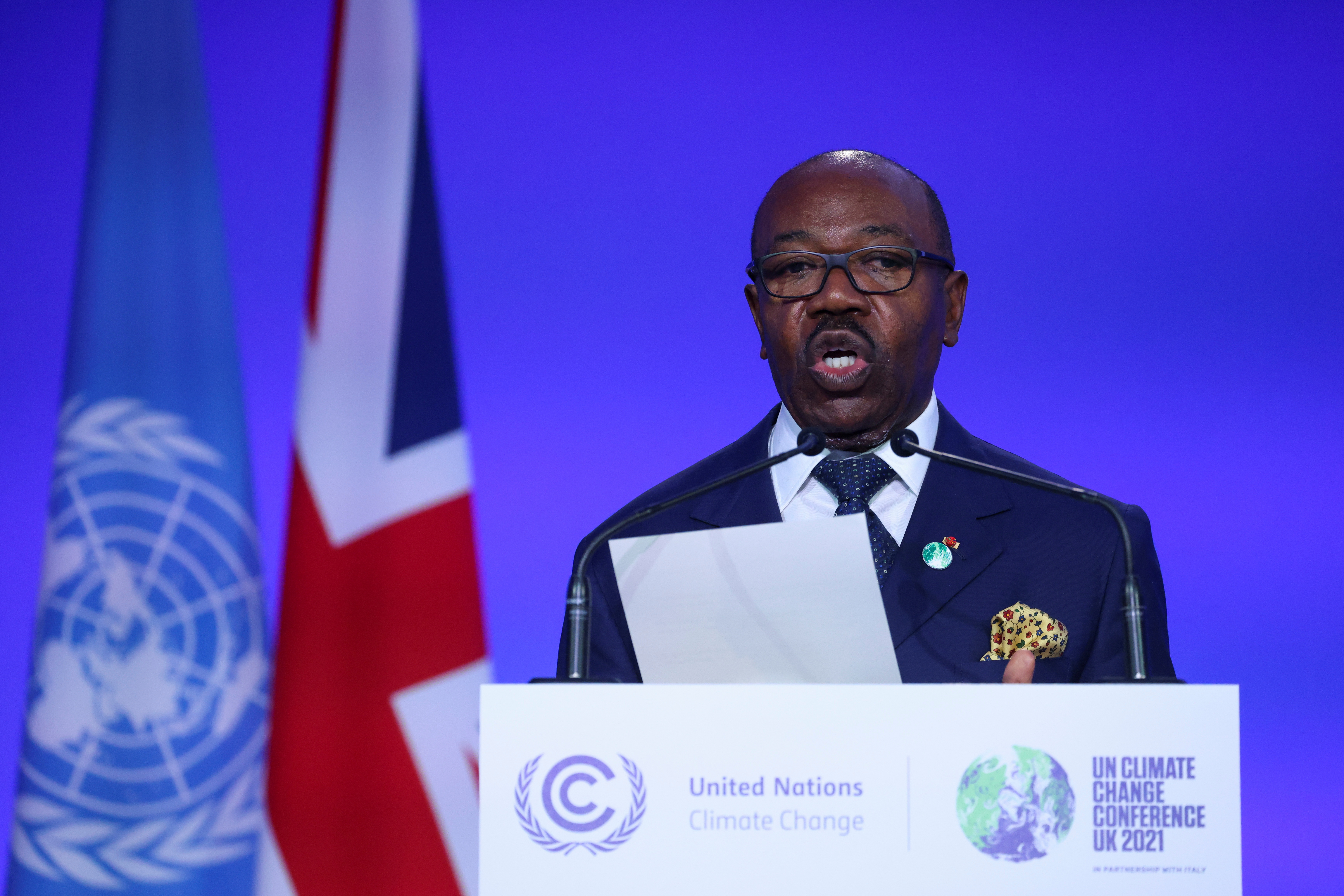 Gabon's President Ali Bongo Ondimba speaks during the UN Climate Change Conference (COP26) in Glasgow, Scotland, Britain, November 1, 2021. REUTERS/Yves Herman