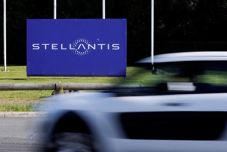 The logo of Stellantis at the entrance of the company's factory in Hordain