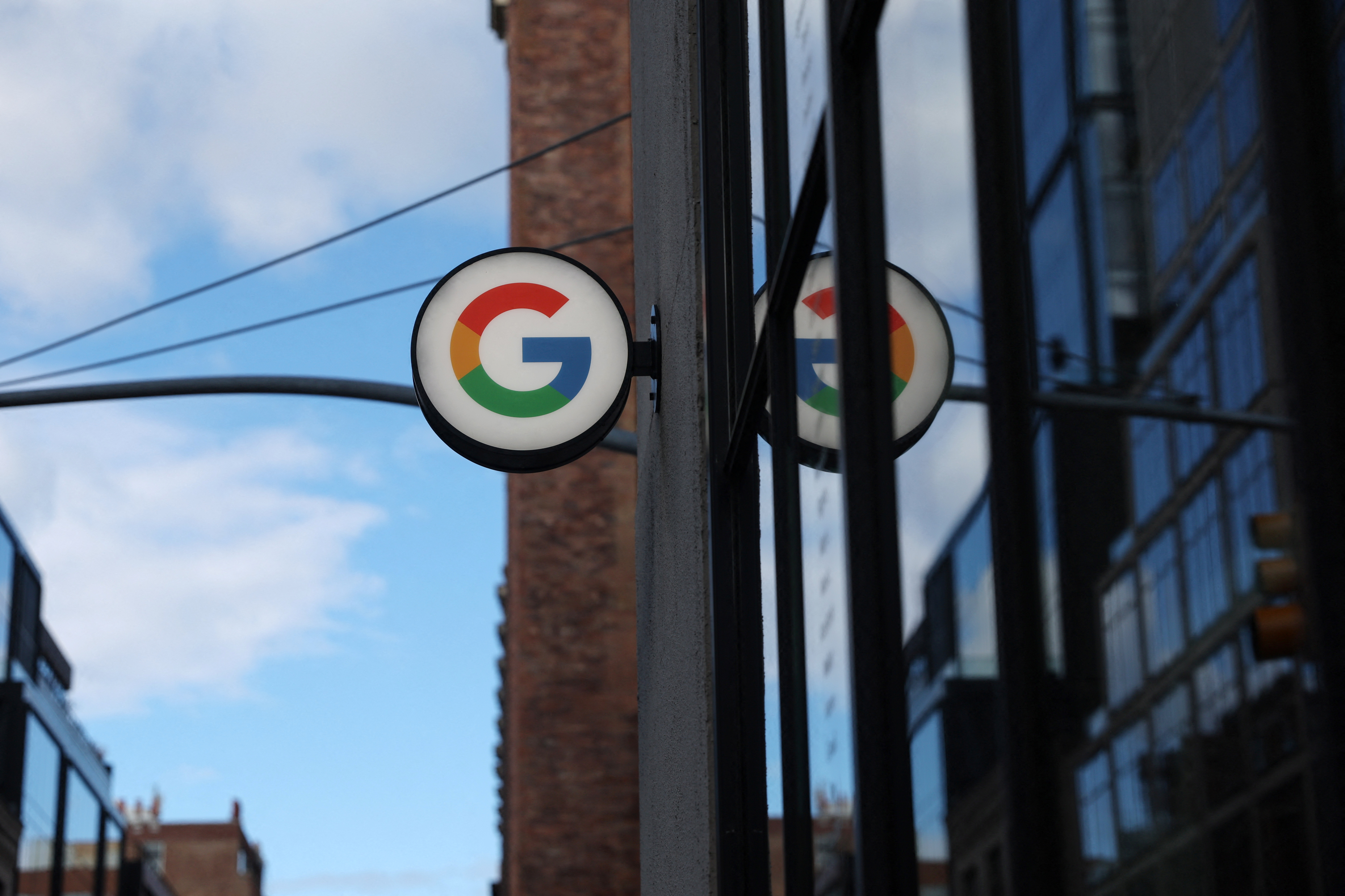 Google LLC logo seen at Google Store Chelsea in New York City