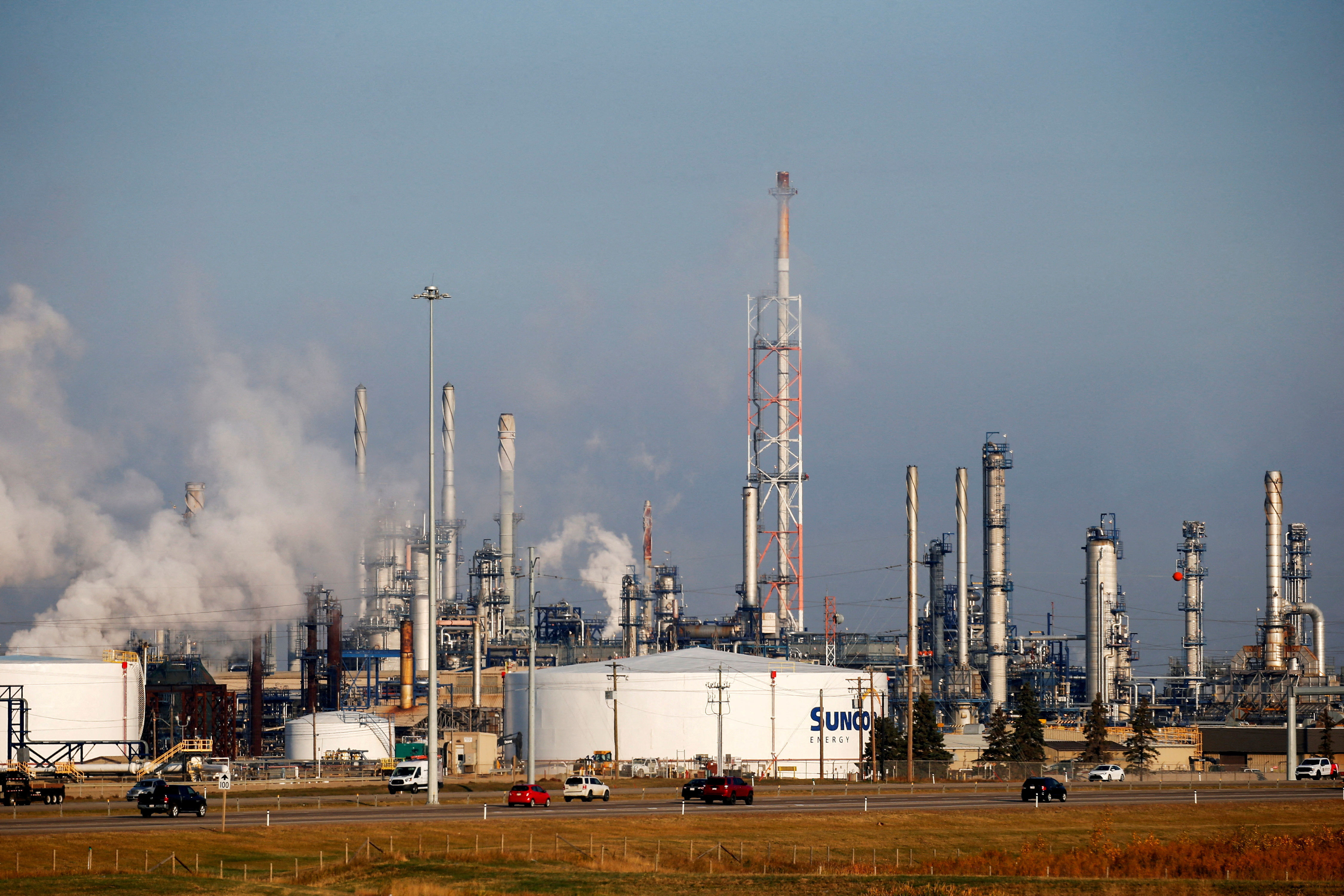 Petrochemical storage tanks are seen at the Suncor Energy chemical plant near Edmonton