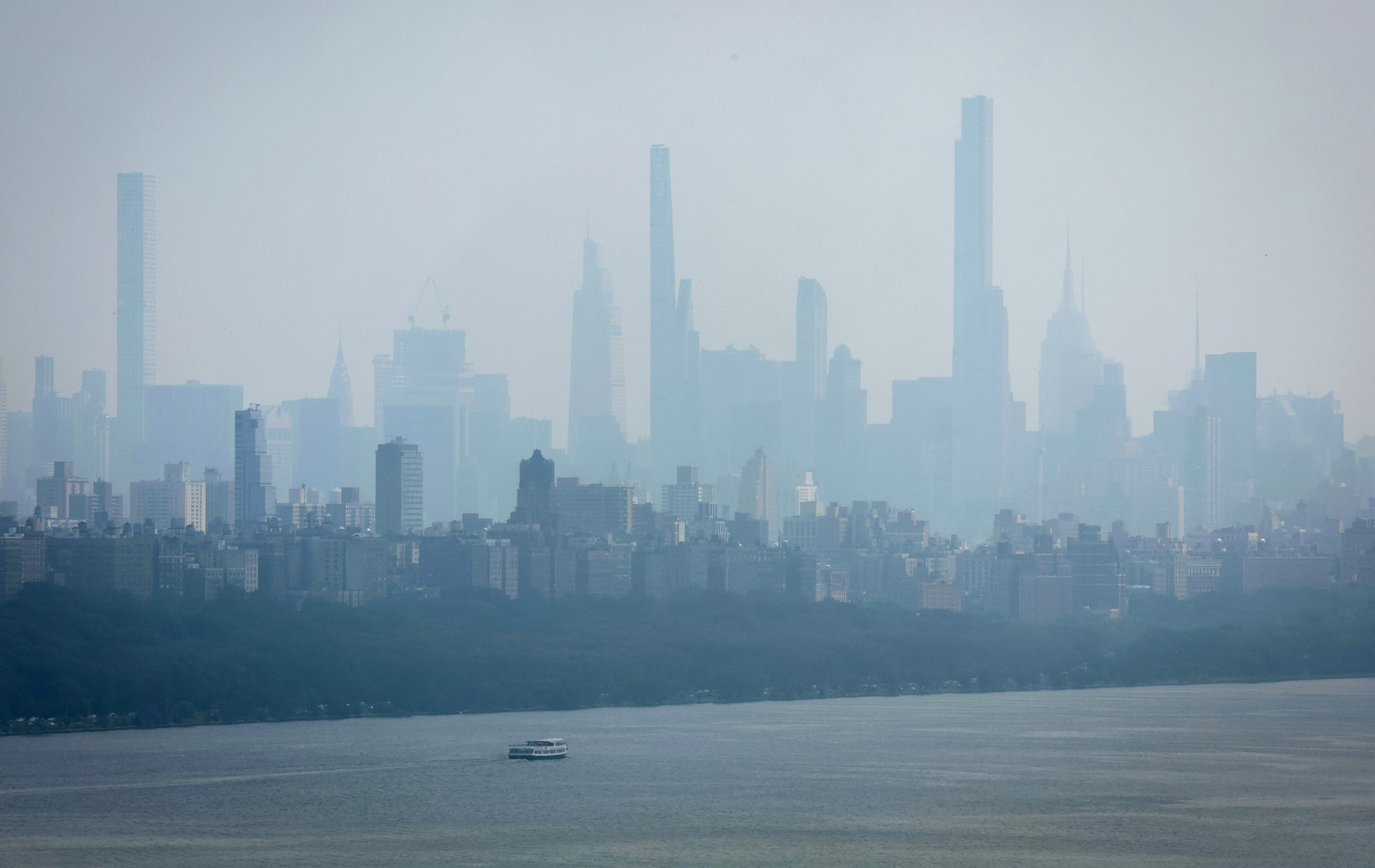 Haze shrouds Manhattan skyline in New York