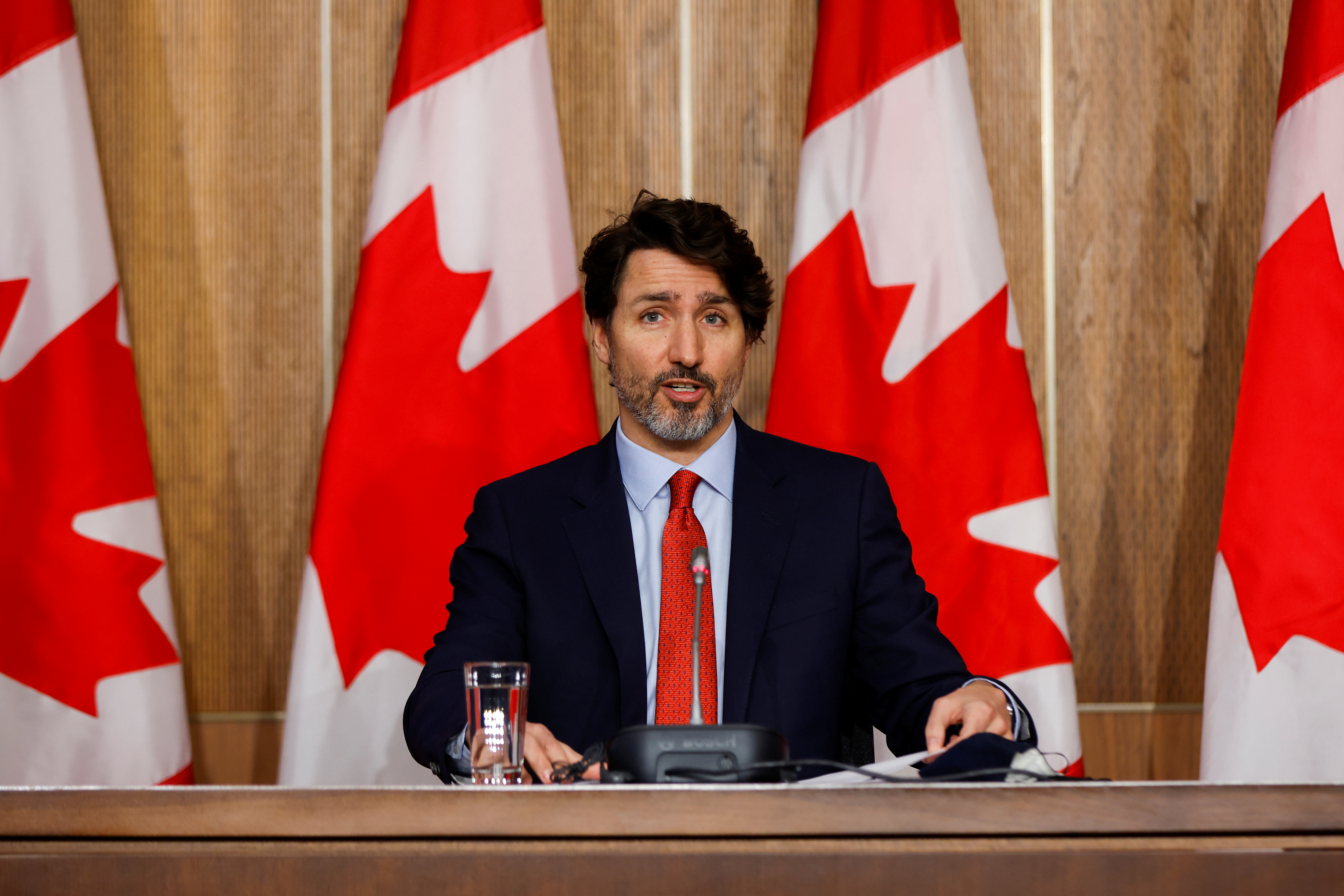 Canada's Prime Minister Justin Trudeau attends a news conference, as efforts continue to help slow the spread of the coronavirus disease (COVID-19), in Ottawa, Ontario, Canada March 30, 2021. REUTERS/Blair Gable