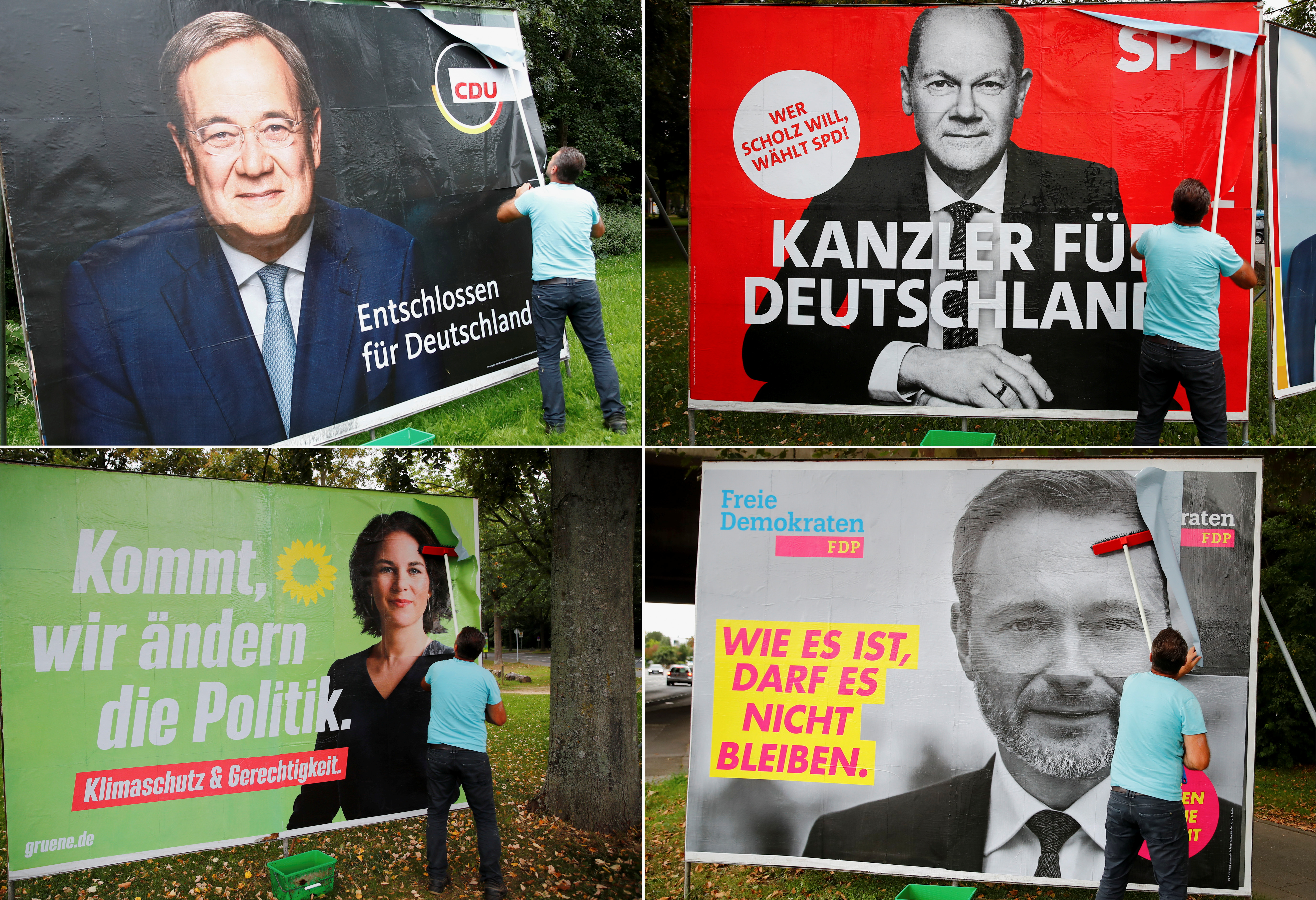 A combination of four images shows placards of Germany’s top candidates for the September 26 German general elections being placed on large boards. The top row shows Armin Laschet of the Christian Democratic Union Party CDU and Olaf Scholz of Germany’s Social Democratic Party SPD. The bottom row shows Greens Party candidate Annalena Baerbock and Christian Lindner of the Free Democratic Party FDP, in Bonn, Germany, September 20, 2021.  REUTERS/Wolfgang Rattay