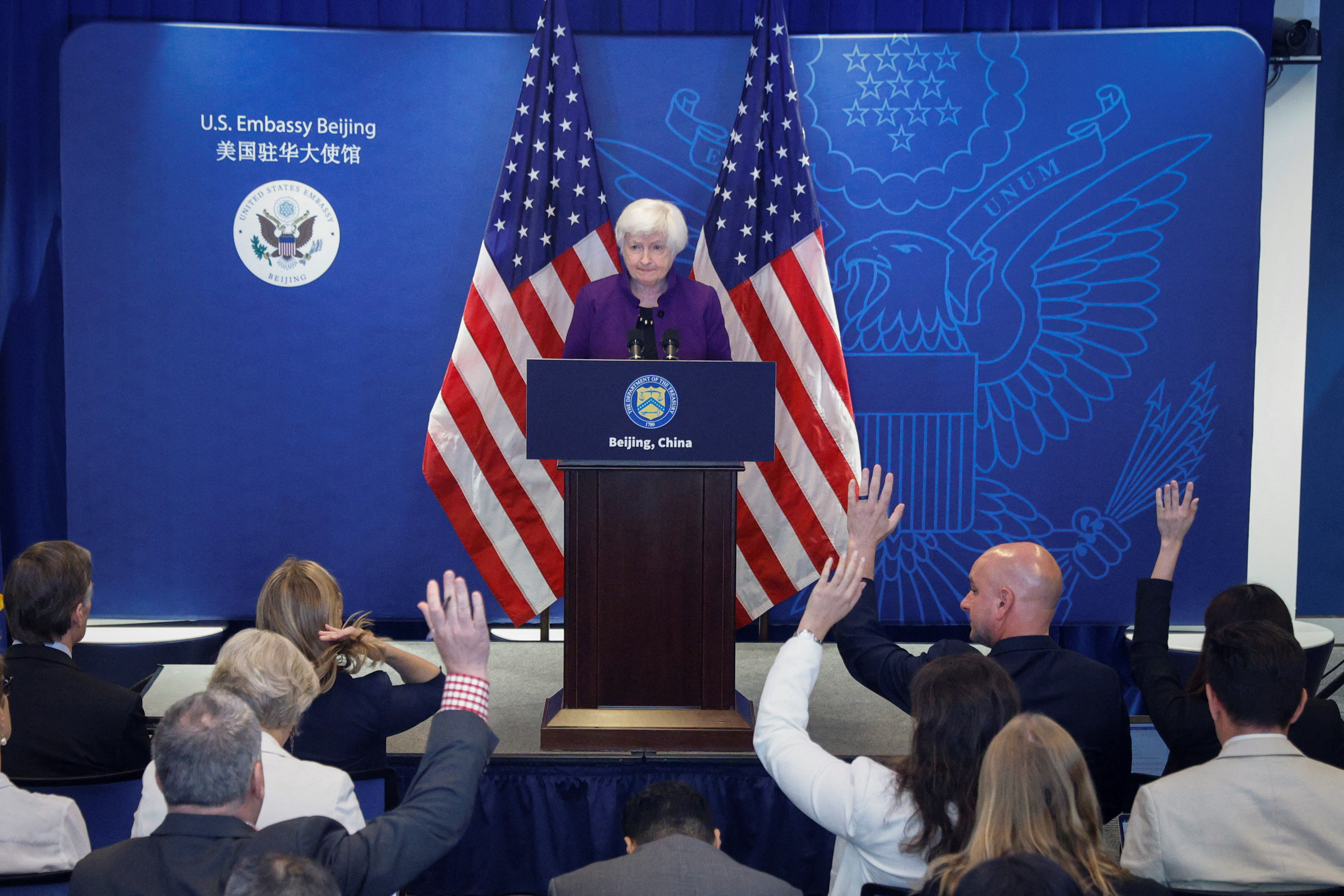 U.S. Treasury Secretary Janet Yellen speaks during a press conference at the U.S. embassy in Beijing