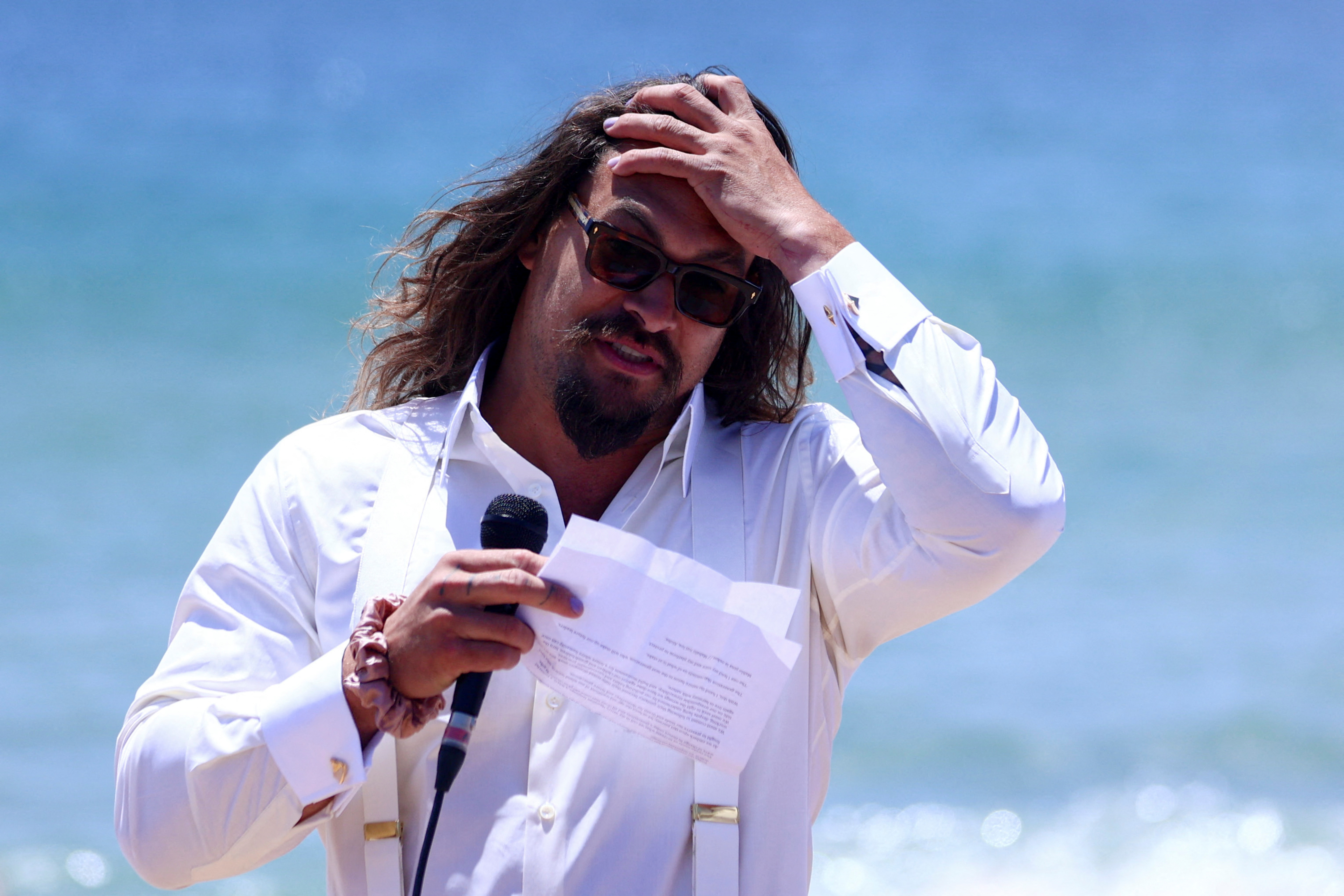 American actor and environmental activist Jason Momoa makes an appearance at a Portuguese Carcavelos beach ahead of the United Nations Ocean Conference in Lisbon