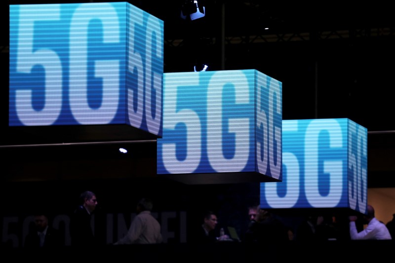 Hanging cubes display 5G logo at the Mobile World Congress in Barcelona