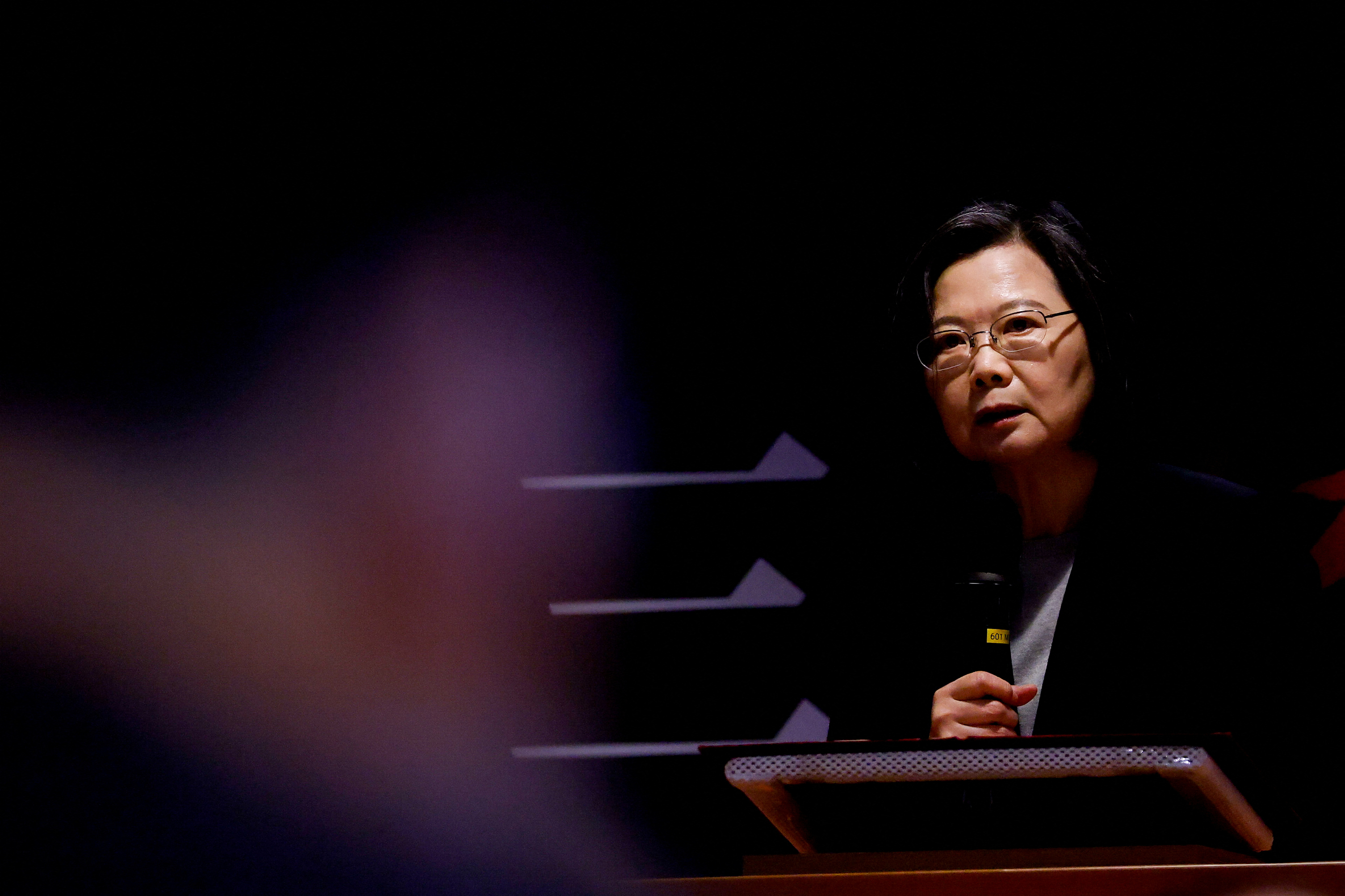 Taiwan President Tsai Ing-wen makes a speech at an exhibition on late Japanese prime minister Shinzo Abe in Taipei,