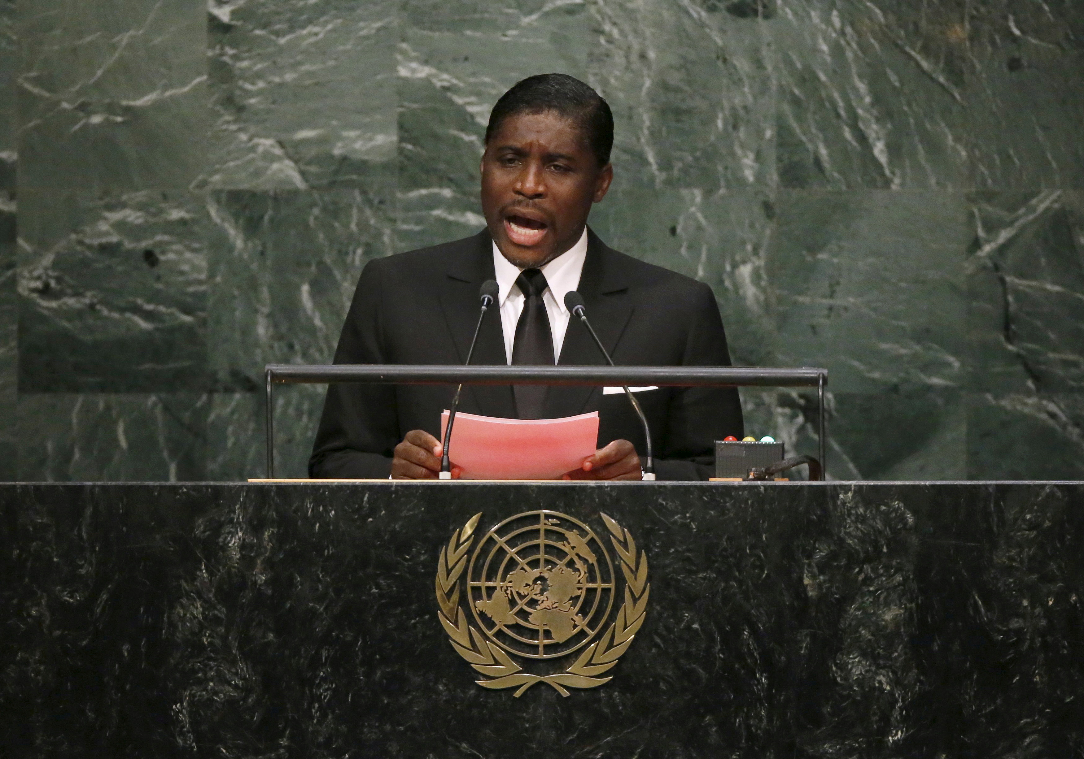 Equatorial Guinea's Second Vice-President Teodoro Nguema Obiang Mangue addresses a plenary meeting of the United Nations Sustainable Development Summit 2015 at the United Nations headquarters in Manhattan, New York