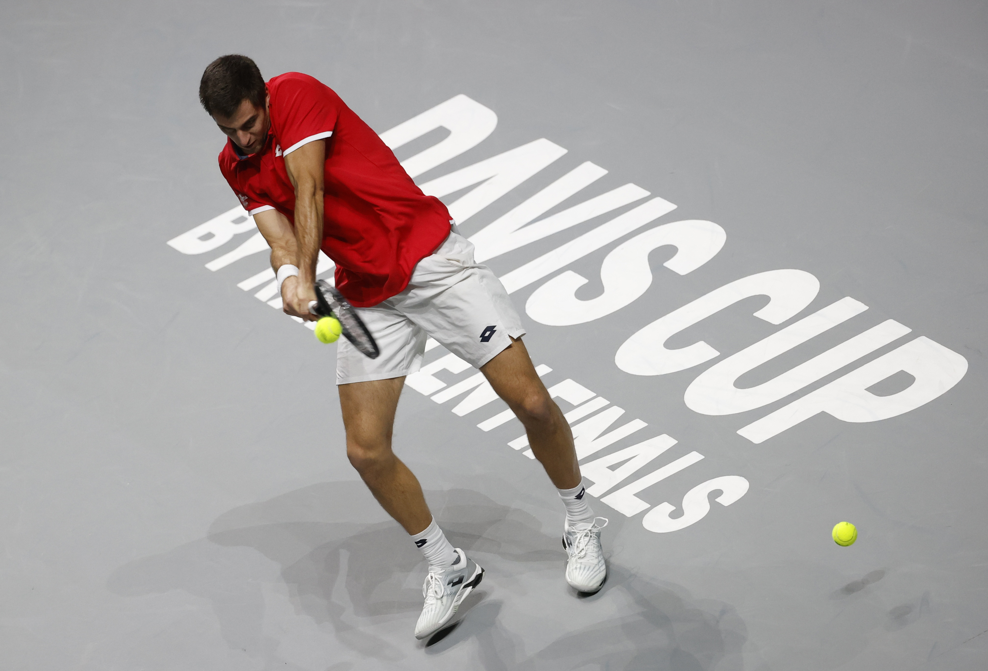 Tennis - Davis Cup Finals - Madrid Arena, Madrid, Spain - December 5, 2021 Croatia's Borna Gojo in action during his final singles match against Russian Tennis Federation's Andrey Rublev REUTERS/Susana Vera