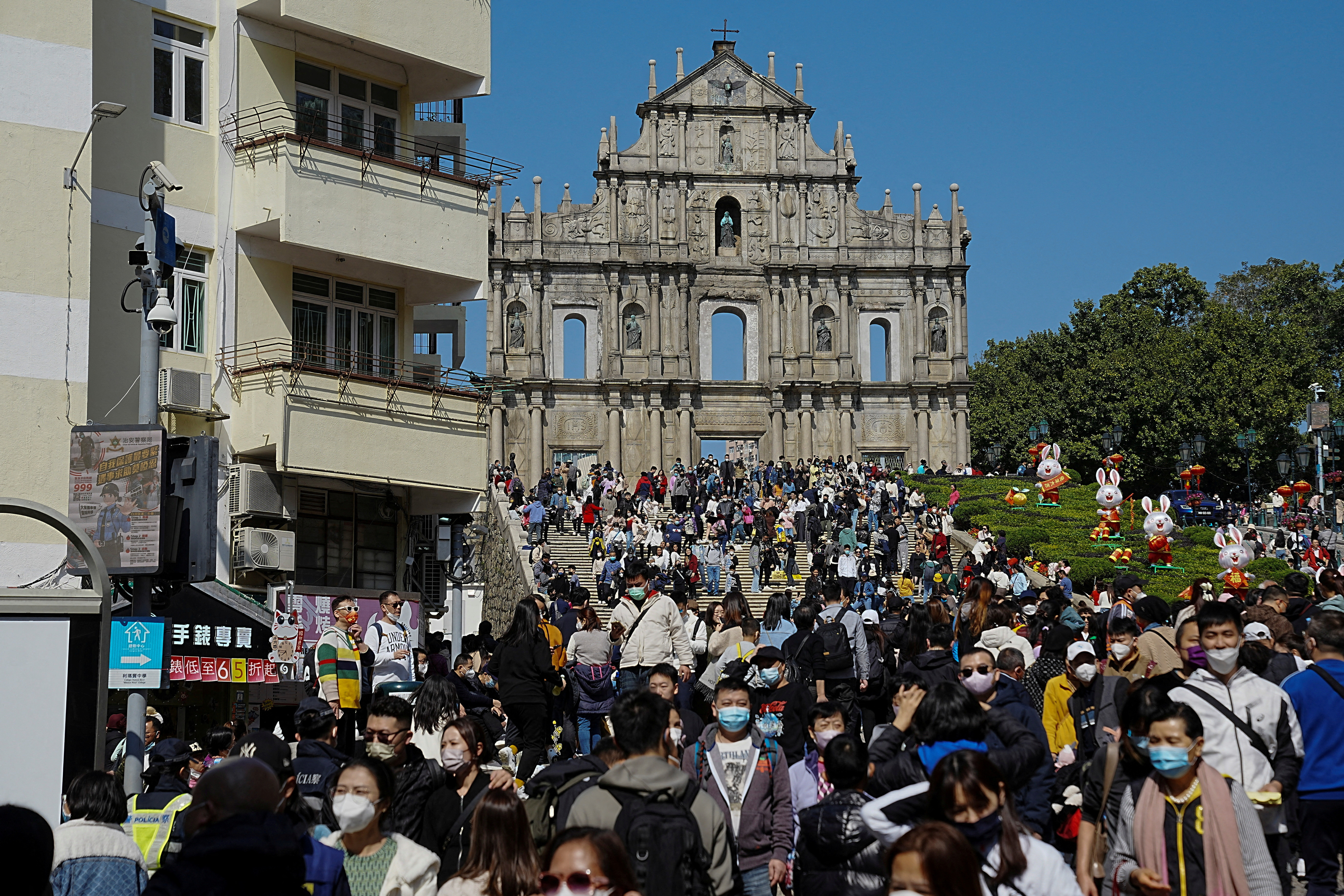 A view of visitors in front of the ruins of Saint Paul's during Lunar New Year in Macau