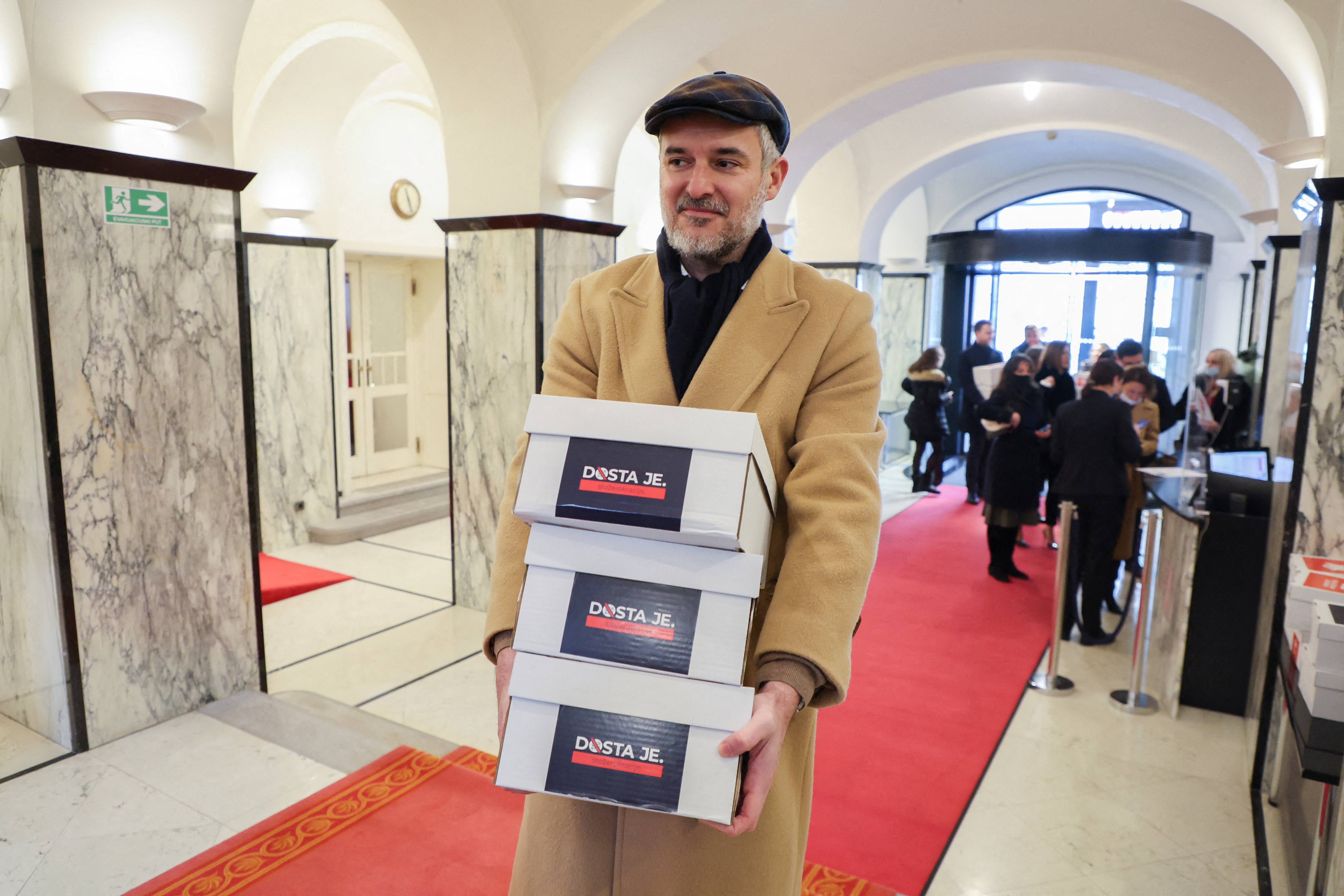 Nino Raspudic carries signatures for referendum against coronavirus disease (COVID-19) pass in Zagreb