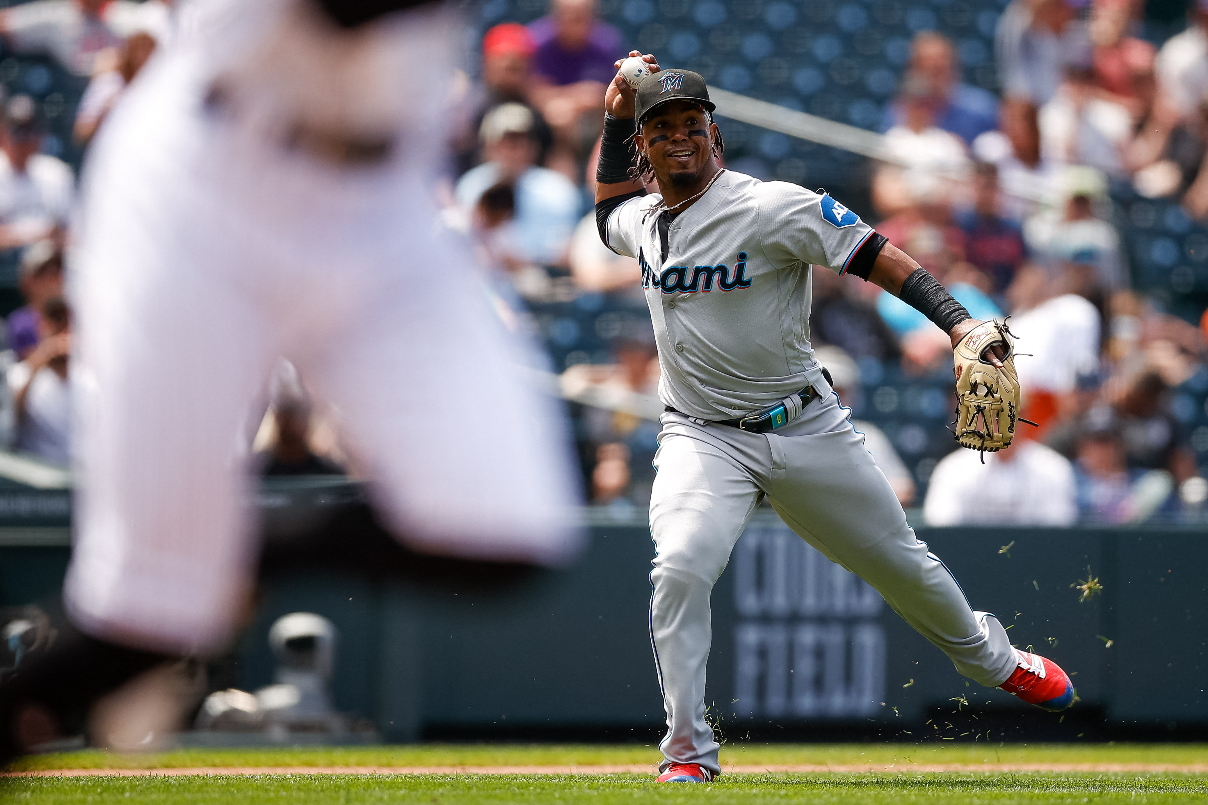 Colorado Rockies outfielder Randal Grichuk reacts after pitching during the  ninth inning of the first baseball game of the team's doubleheader against  the Miami Marlins on Wednesday, June 1, 2022, in Denver.