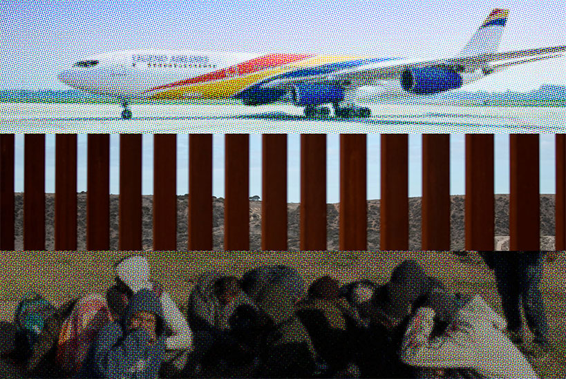 Photo collage of a charter plane operated by Legend, the US-Mexico border fence, and a group of migrants waiting near the US border.
