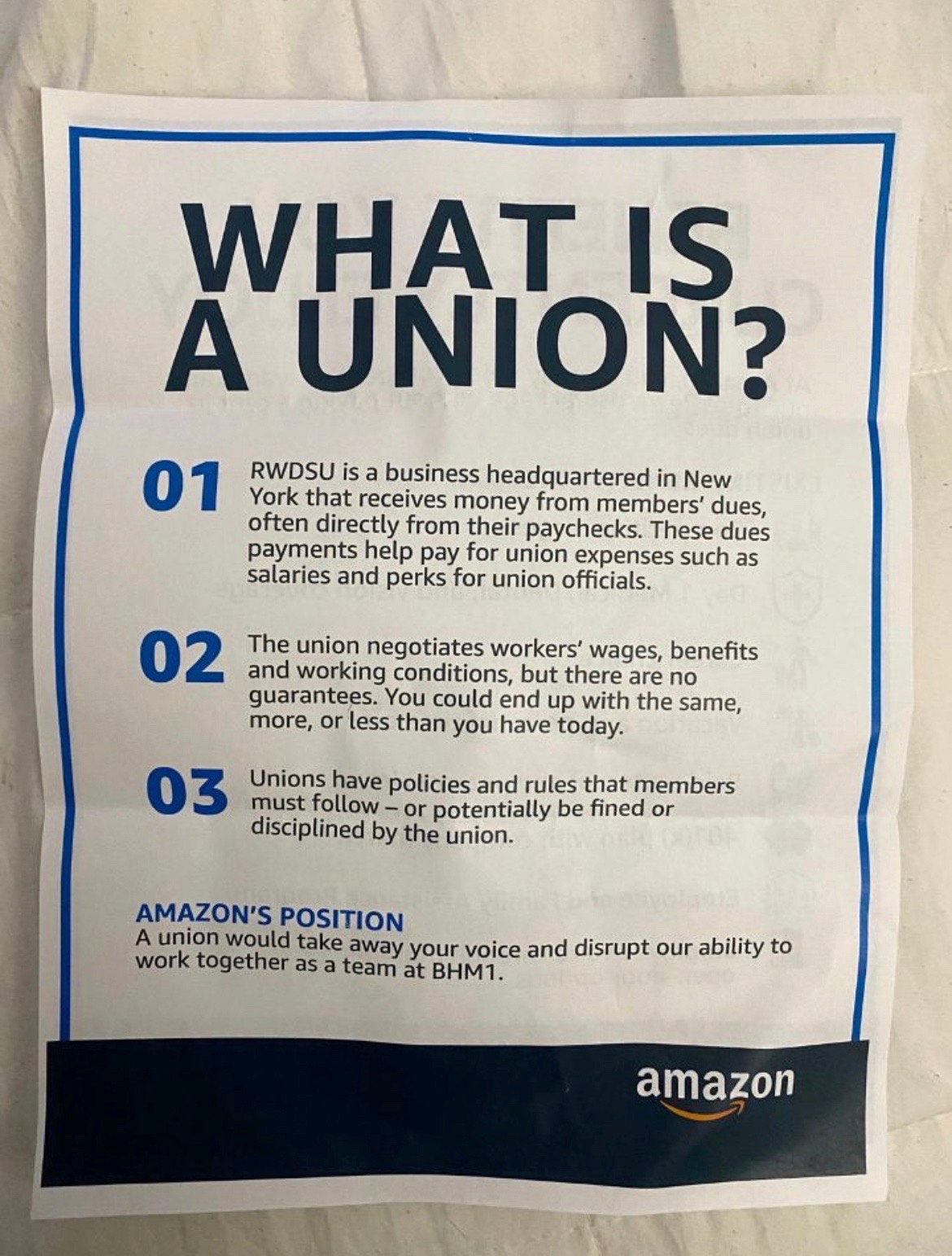 A pamphlet distributed by Amazon.com Inc to workers in Bessemer, Alabama ahead of another potential union vote in is seen in an undated photograph