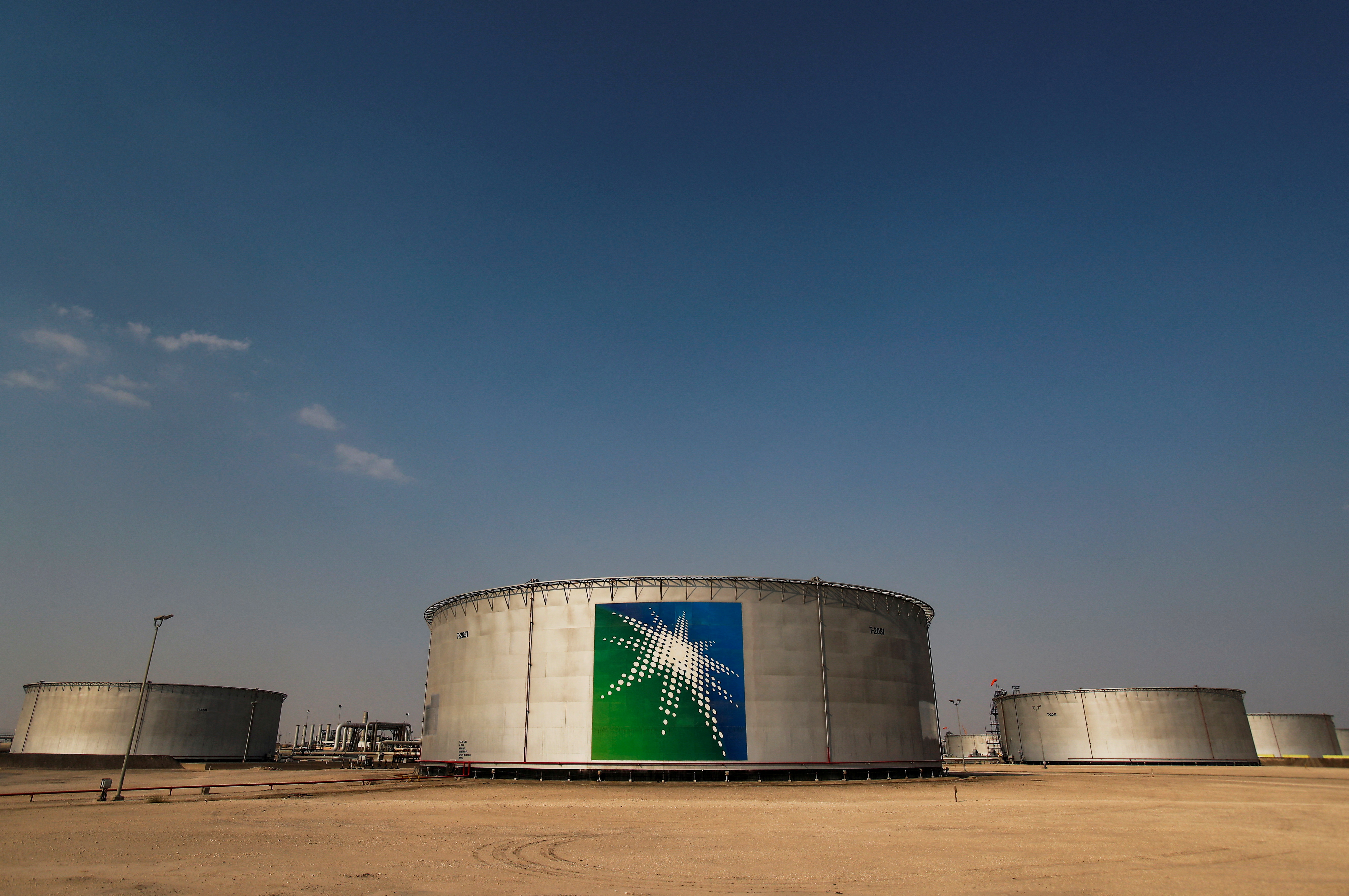 A view shows branded oil tanks at Saudi Aramco oil facility in Abqaiq
