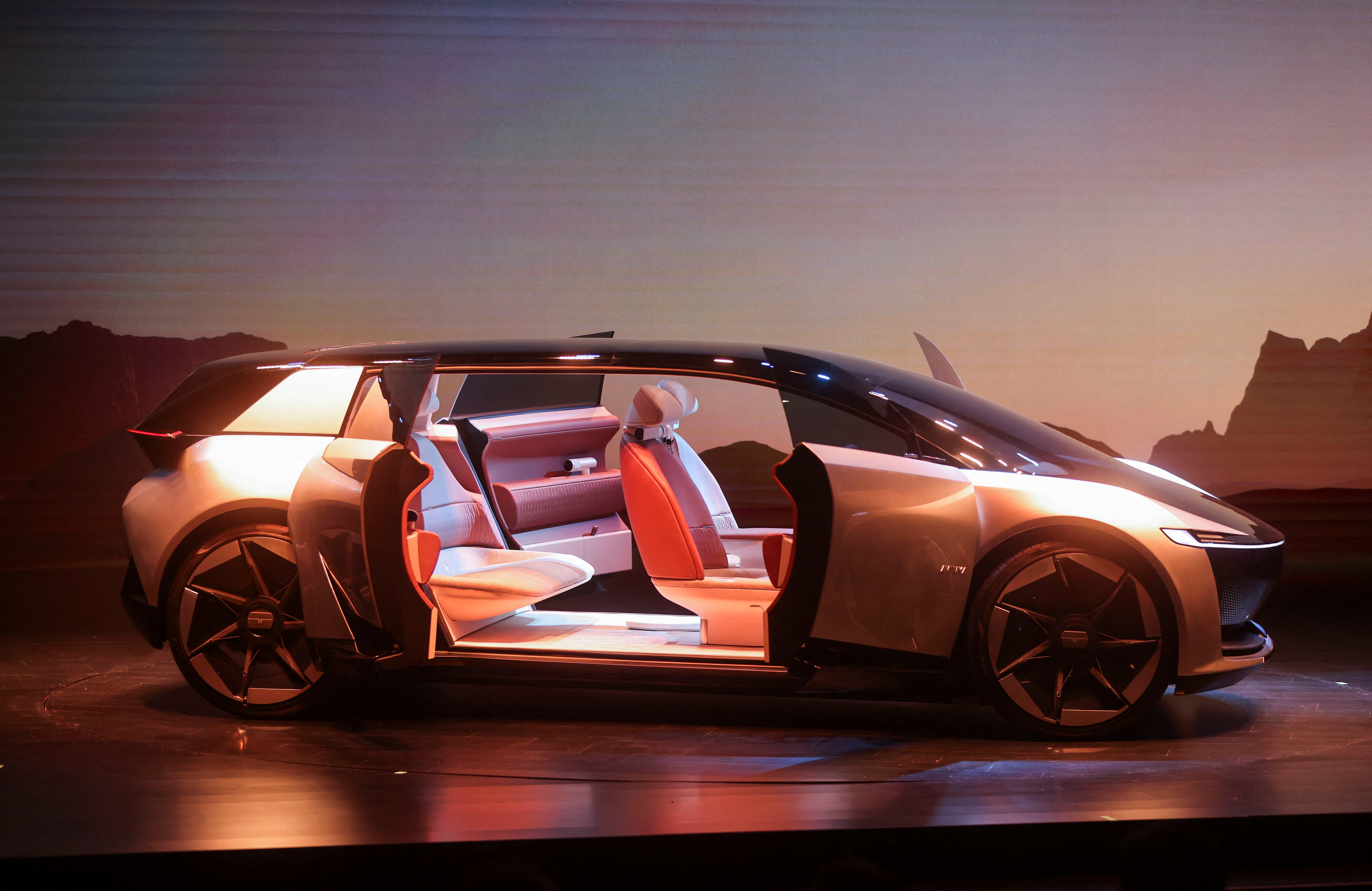 The Tata Avinya concept car is unveiled during a global launch event in Mumbai